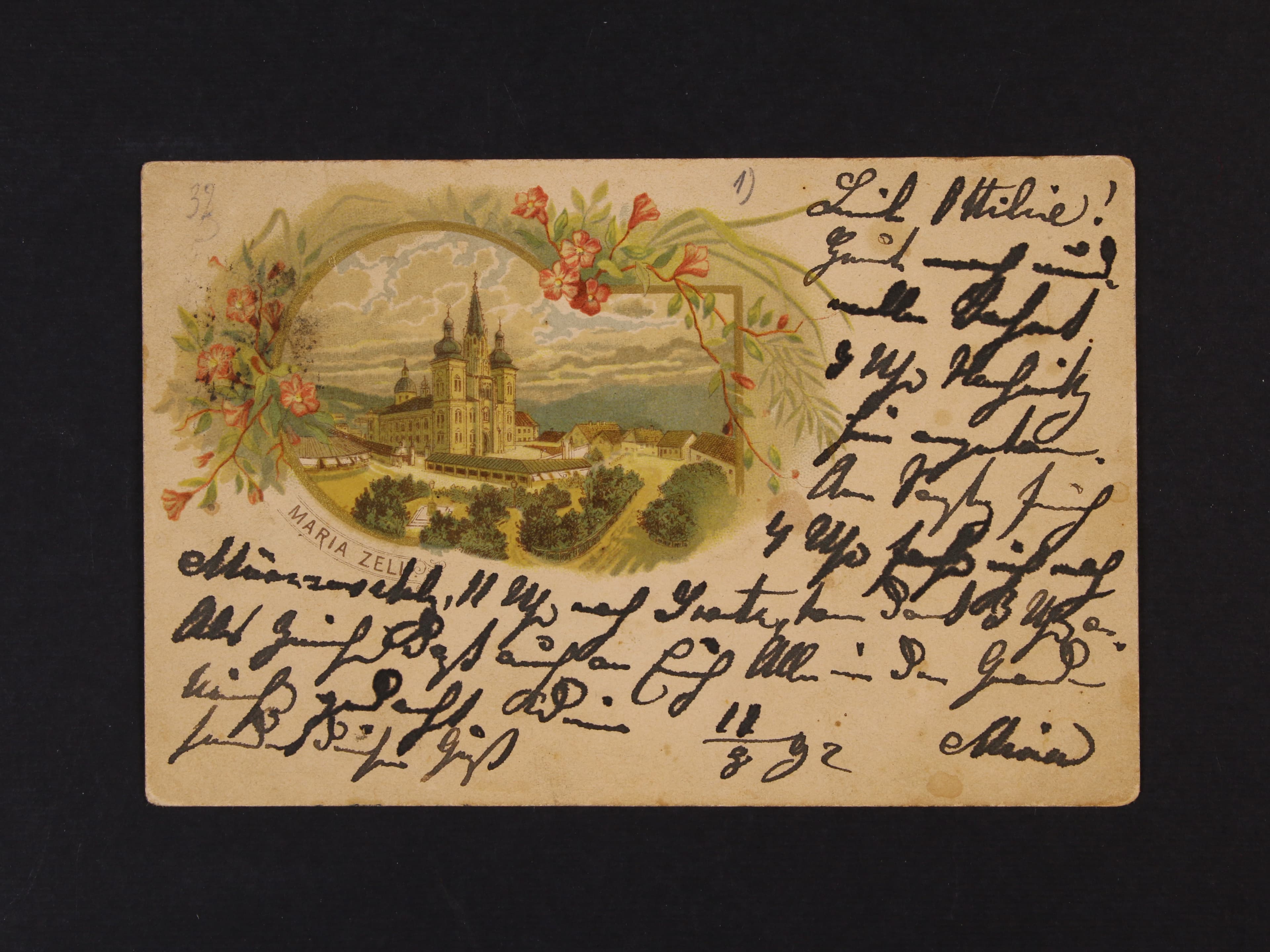Maria Zell - bar. litograf. koláž, použitá 1892, odlepená zn.