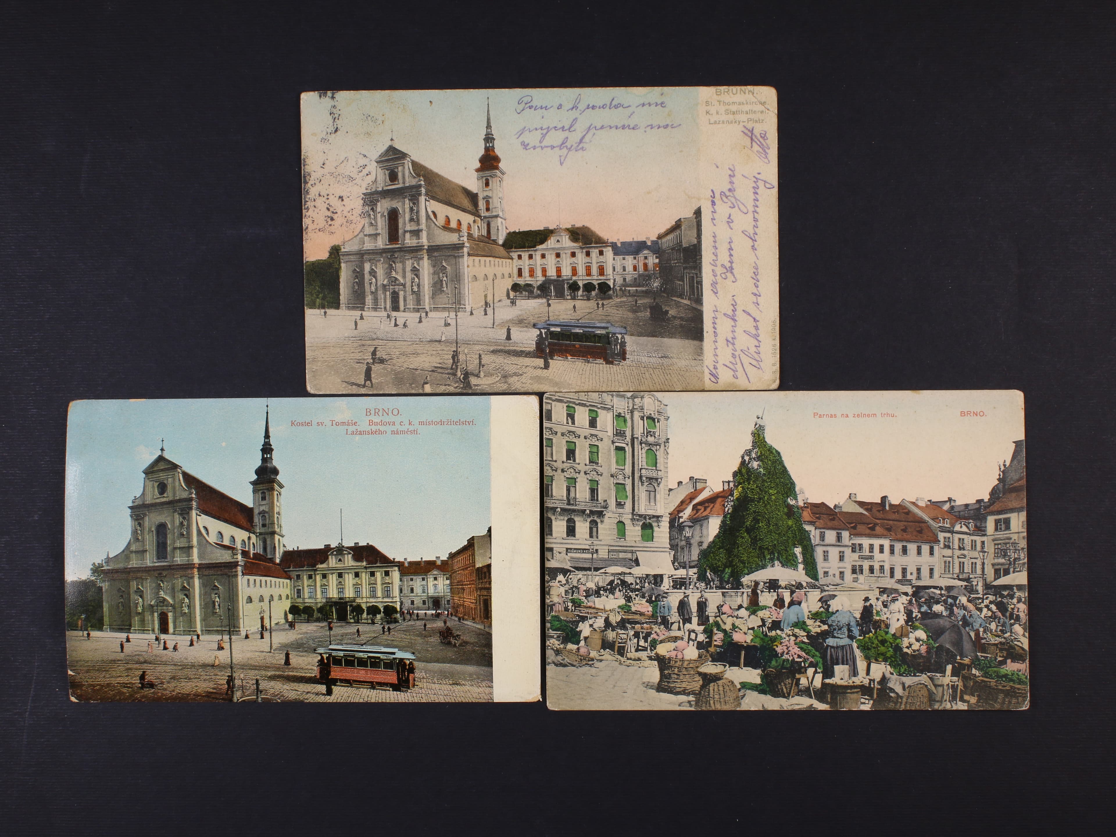 Brno - tři bar. pohlednice - Lažanský Platz, použitá 1906, Brno - Parna na Zelném trhu, nepoužitá, kostel sv. Tomáše, nepoužitá