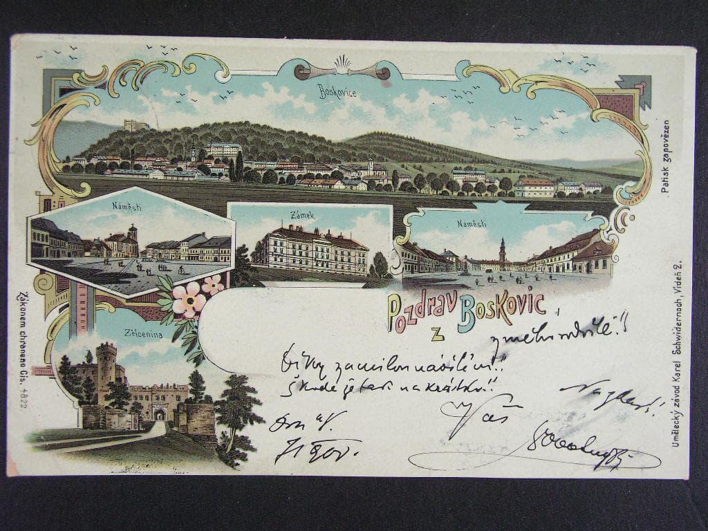 Boskovice okr. Blansko, litografie, prošlá 1900, lom v levém dolním rožku