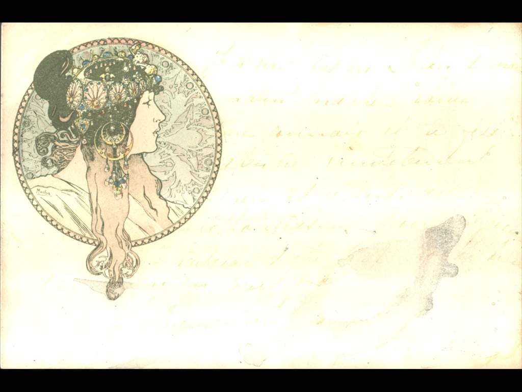 A.Mucha, fr. lito. - Brunette Byzantine Head -, pošt. neprošlá, vypsaná