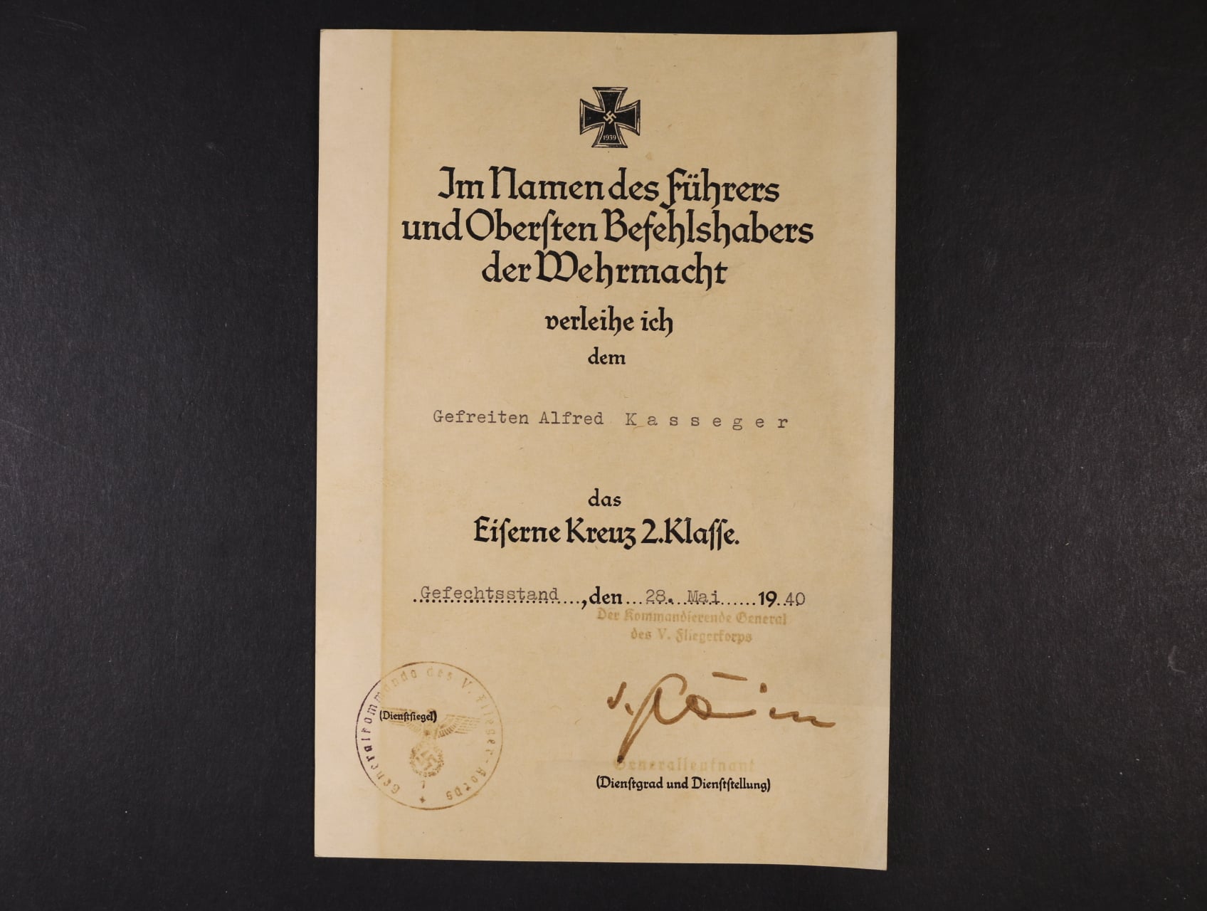 Dekret na Železný kříž II. stupně 1939