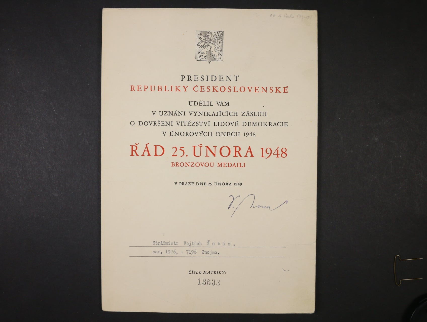 Dekret k bronzové medaili Řádu 25. února