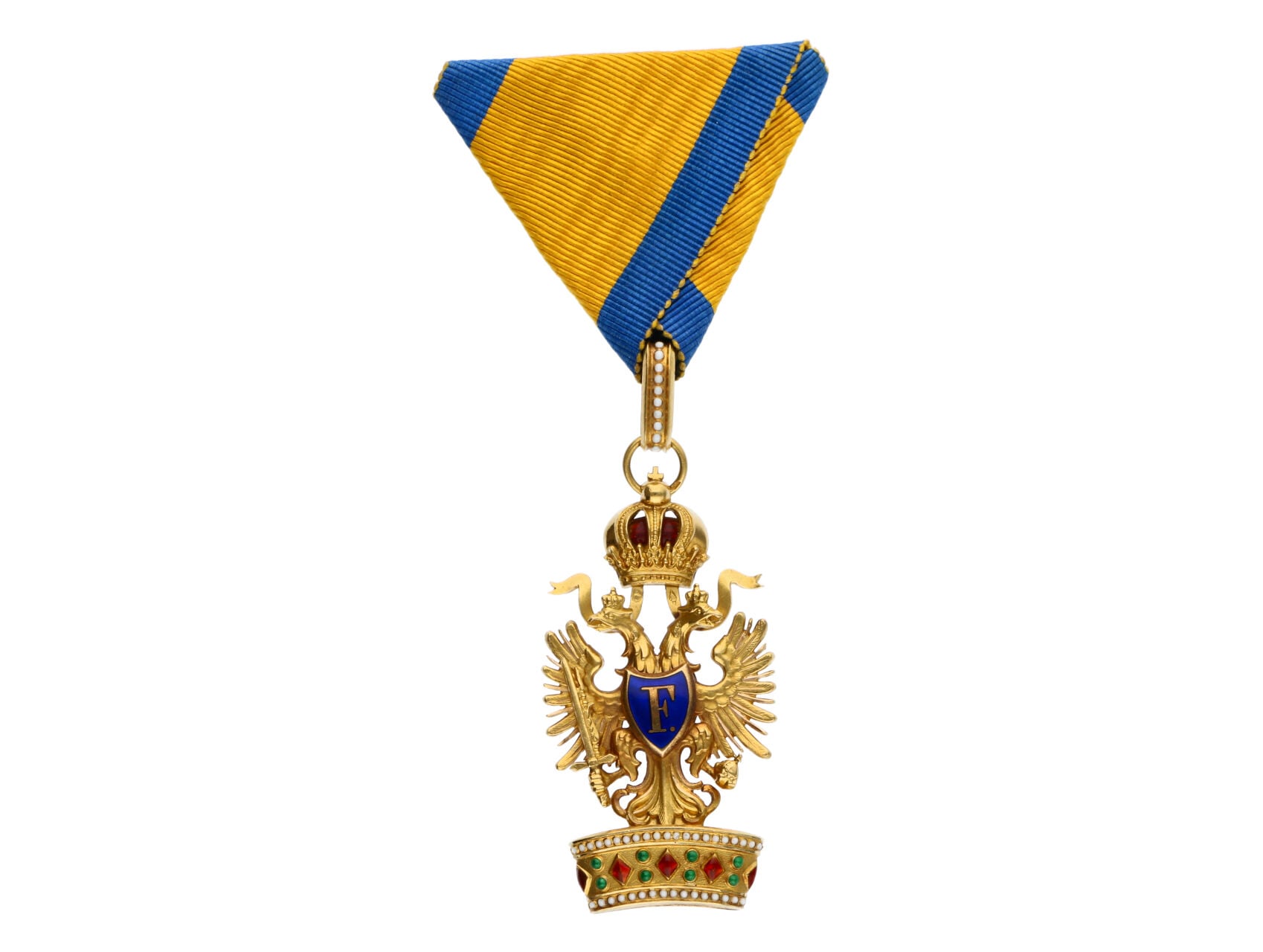 Řád Železné koruny, 3.tř., období 1875-1918, zlato, smalty, punc Au, hlava kamzíka, ryzost 750/1000, značka výrobce FR (C. F. Rothe & Neffe)