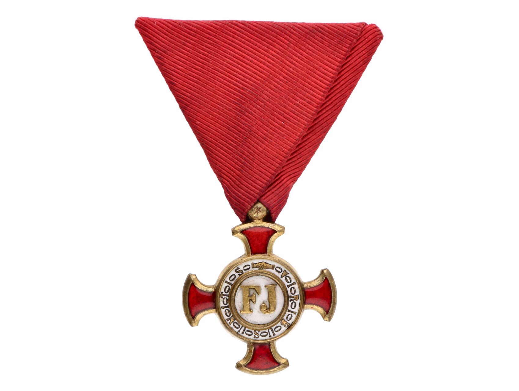 Zlatý Záslužný kříž, na kroužku značka výrobce Bachruch Budapest a hvězdička, pozlacený bronz, smalty, původní stuha, k tomu pamětní litografický tisk s ručně dopsaným jménem nositele, 53x39 cm