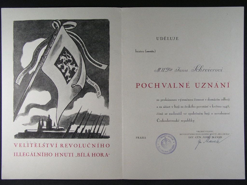 Pochvalné uznání velitelství rev. ilegálního hnutí Bílá hora