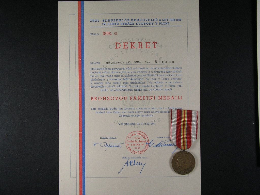 Bronzová medaile IV. pluku Stráže svobody + dekret