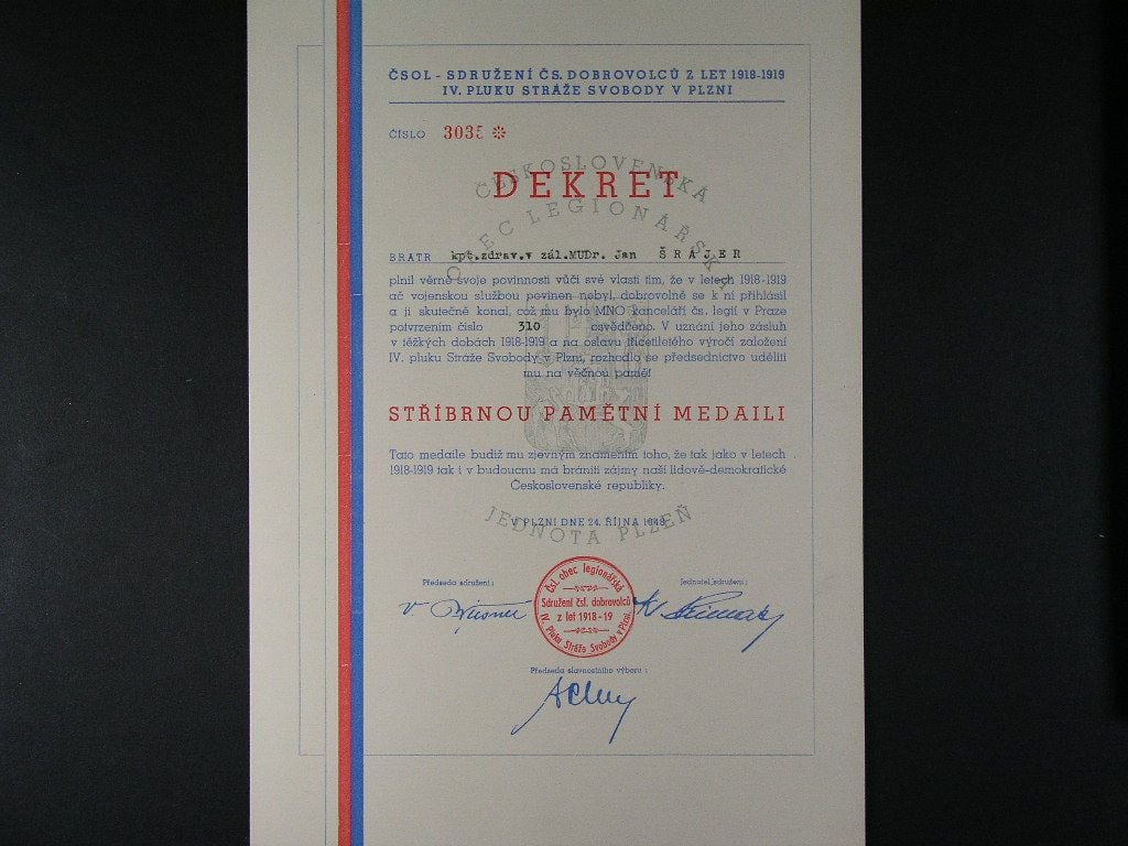 Dekret k Stříbrné medaili IV. pluku Stráže svobody