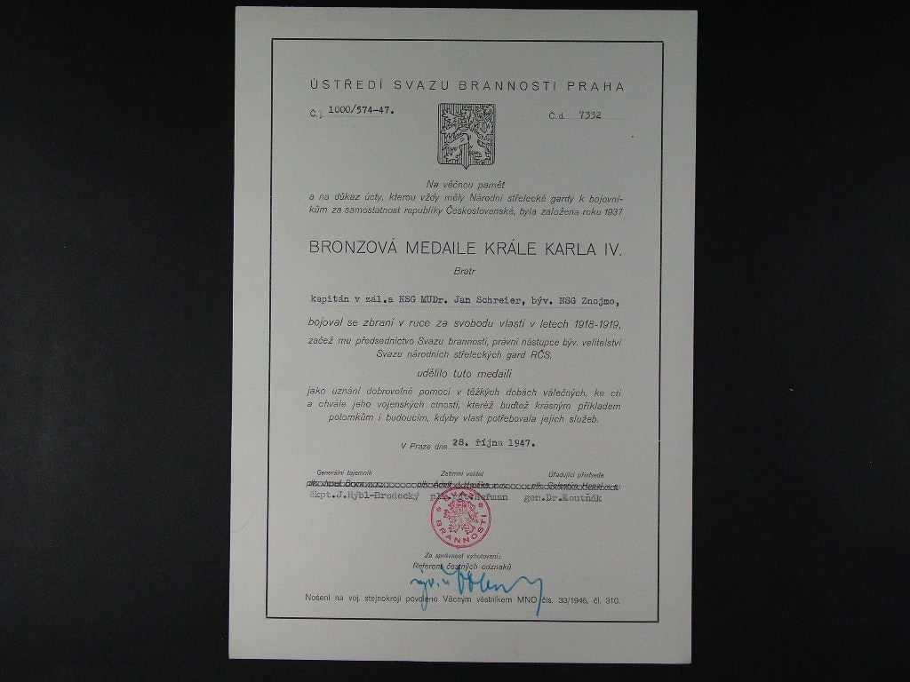 Dekret na bronzovou medaili DOK za věrné služby 1918-1919