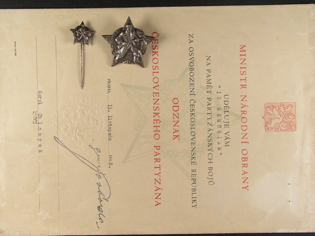 Hvězda československého partyzána + miniatura, dekret