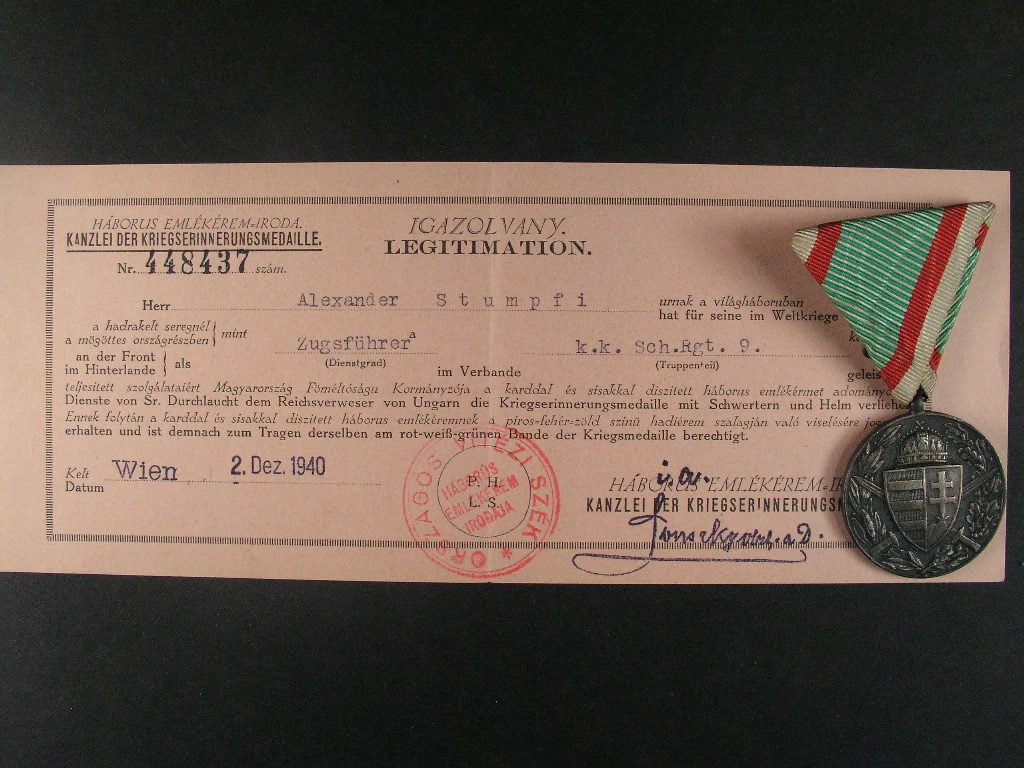 Pamětní medaile na I. sv. válku pro bojovníky + legitimace