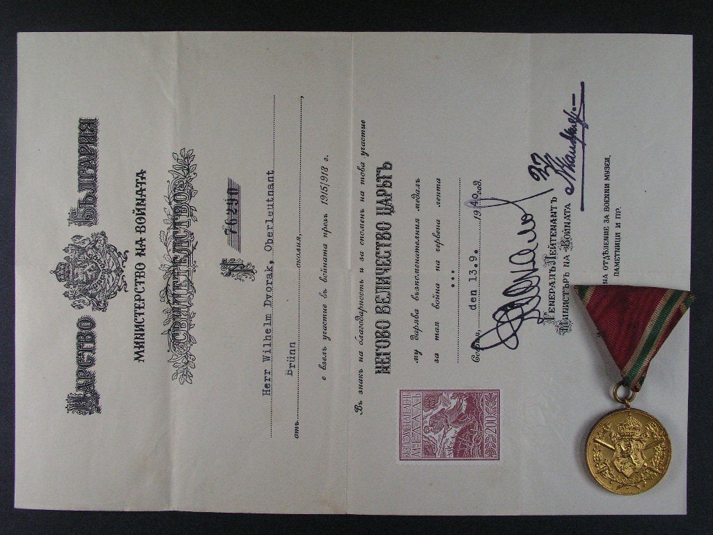 Pamětní medaile na I. sv. válku, slabší varianta, síla 3 mm + dekret