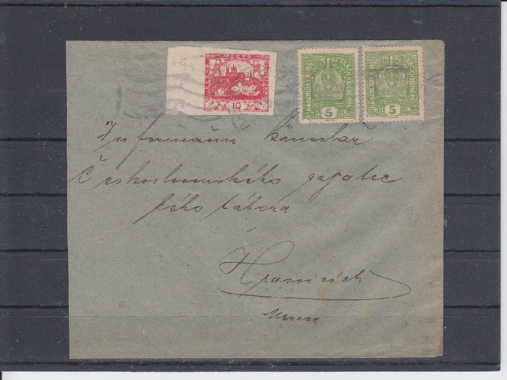 Dopis zaslaný 17. 1. 1919 z Olomouce do Hranic frankovaný dvoupáskou 5h rakouských známek koruna a známkou Hradčany 10h.