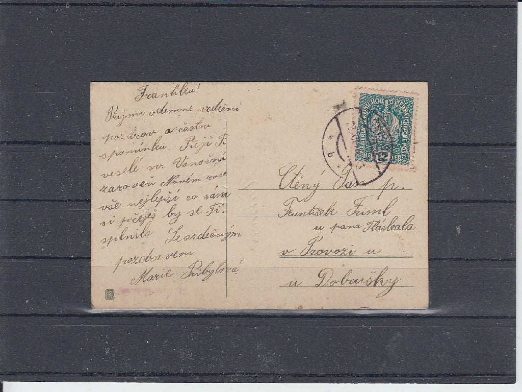 Pohlednice rakouskou známkou 12h koruna ze dne 23.12. 1918.