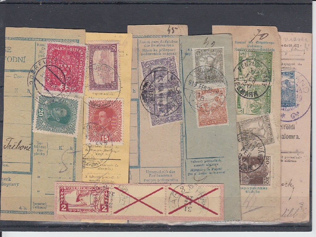 7ks ústřižků průvodek frankovaných rakouskými a maďarskými známkami z prosince 1918 až února 1919.