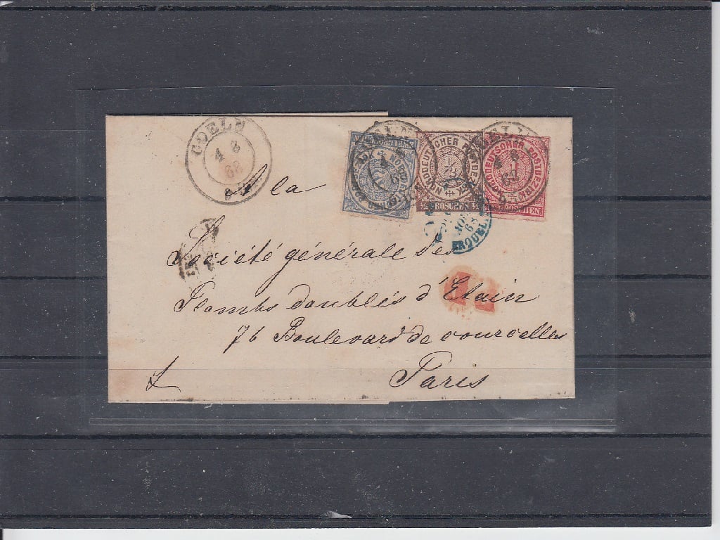 Dopis zaslaný z Kolína nad Rýnem do Paříže pod razítkem Kolín 4.8.1868 vyfrankovaný tříbarevnou frankaturou.