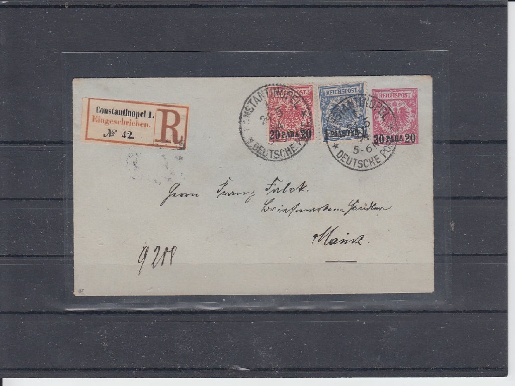 R- dopis zaslaný z Konstantinopole do Německa vyfrankovaný zn. Mi č. 2 a 3 pod razítkem Konstantinopol - Deutsche post 24.5.1894. Luxusní kvalita