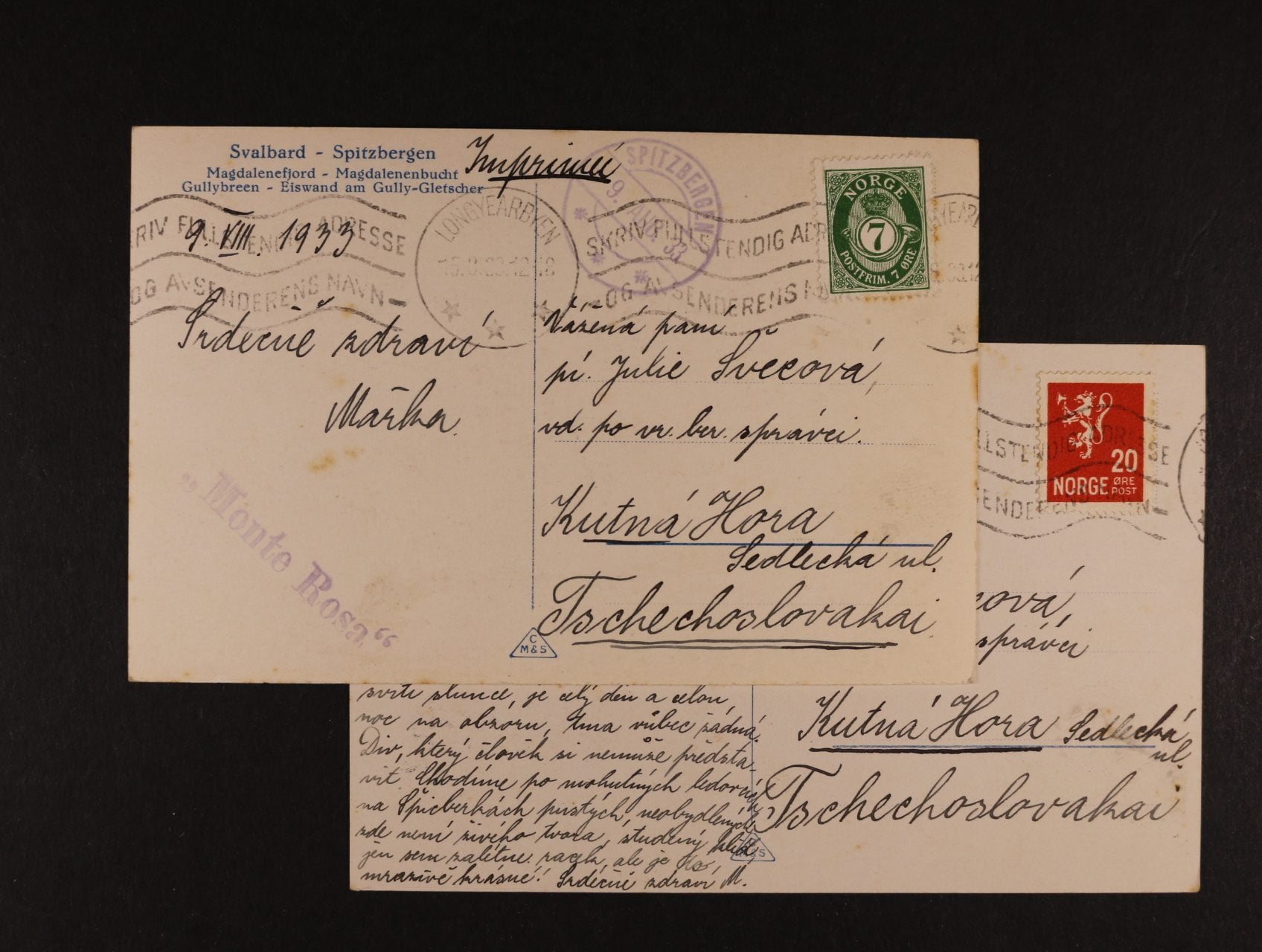 dvě celistvosti do ČSR z r. 1933 s pod. raz. LONGYEARBIEN 15.8.33 + denní raz. SPITZBERGEN 9.AUG.33 + řádkové raz. "Monte Rosa"