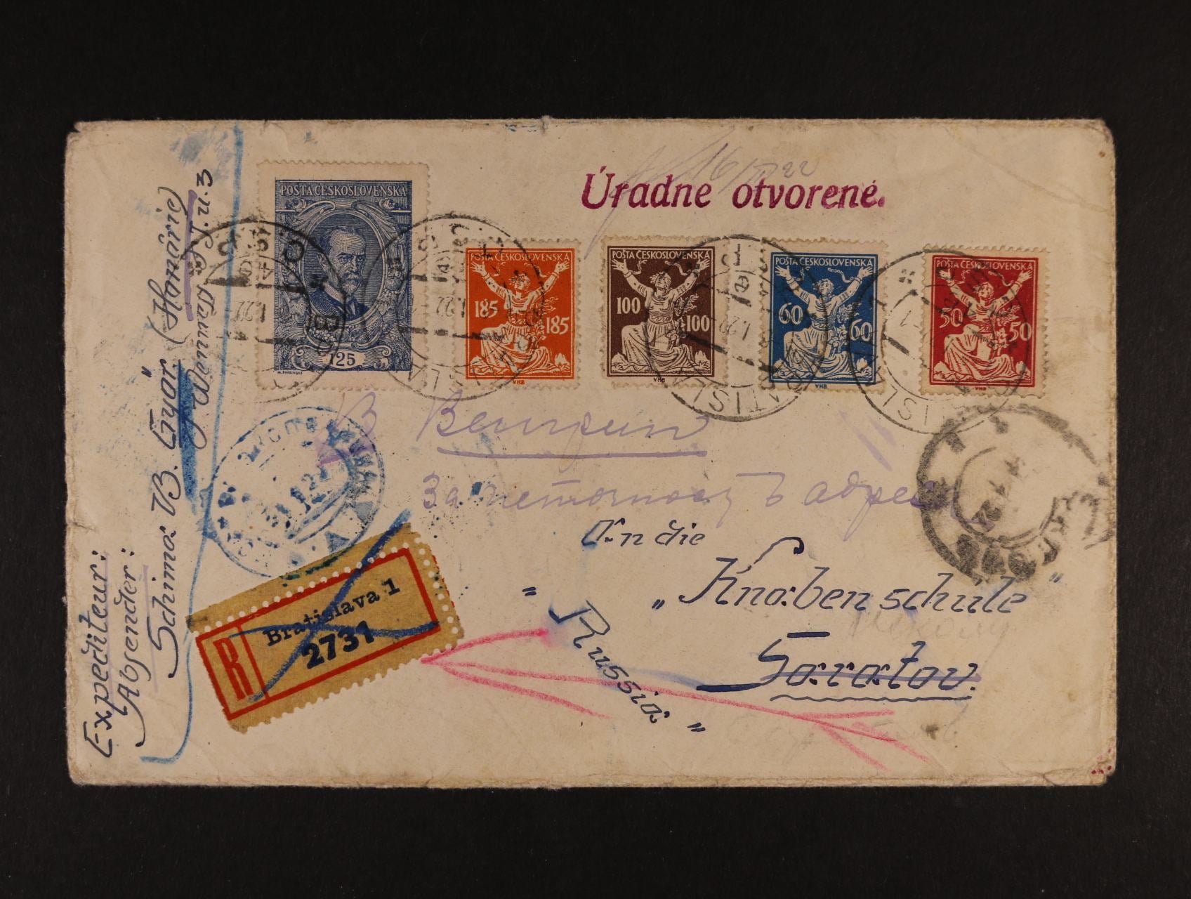 R-dopis do SSSR frank. smíš. frankaturou OR + TGM 1920, mj. zn. č. 155 DV 1 "vajíčko v pase", pod. raz. BRATISLAVA 6.1.22, průch., přích. a cenzurní raz., navíc řádkové červené raz. Úradne otvorené, v