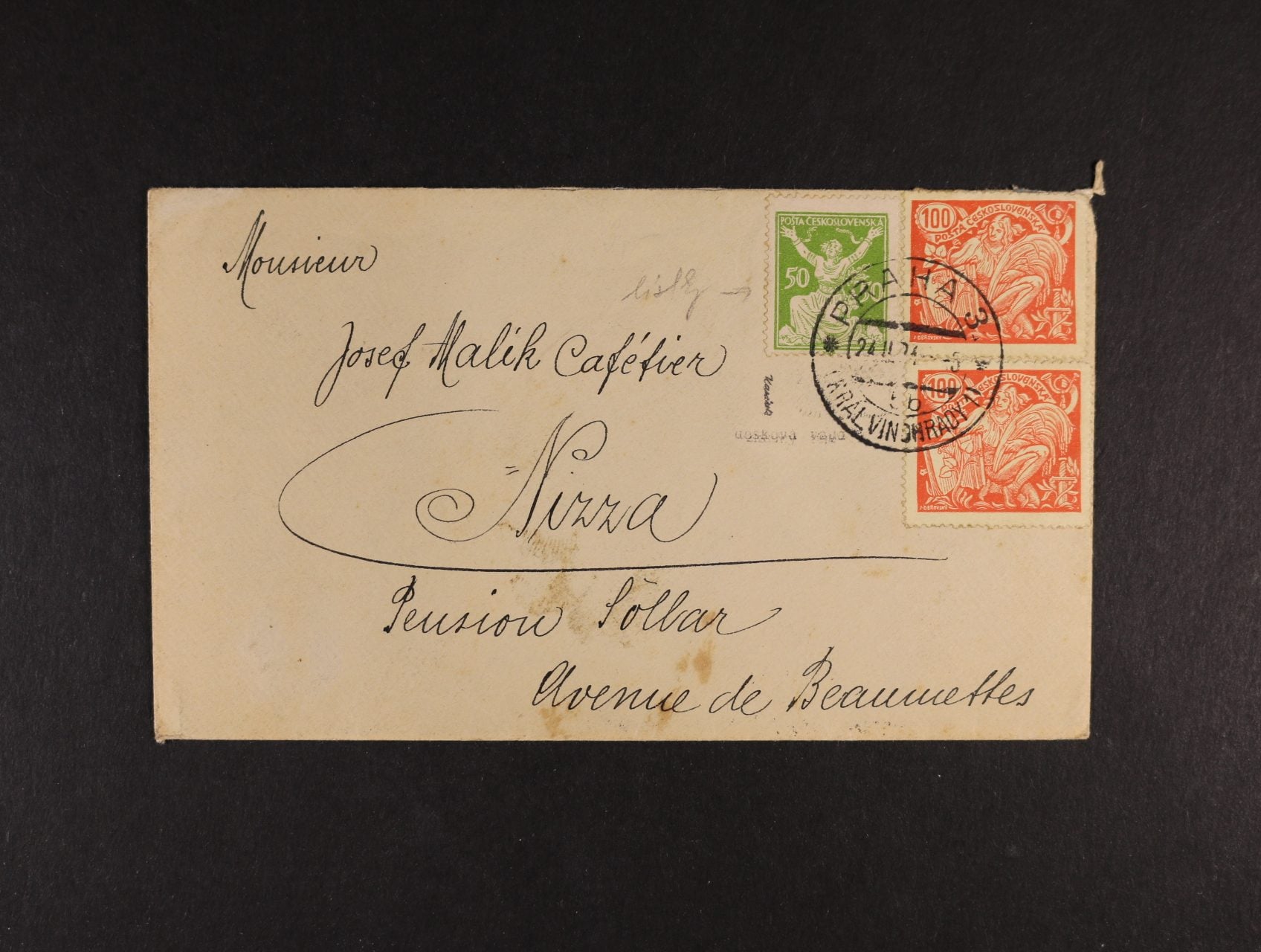 celistvost do Francie frank. smíš. frankaturou OR a HaV, mj. zn. č. 156 DV "poškozené lístky v pase", pod. raz. PRAHA 3 24.2.24, zk. Karásek, dobrá kvalita