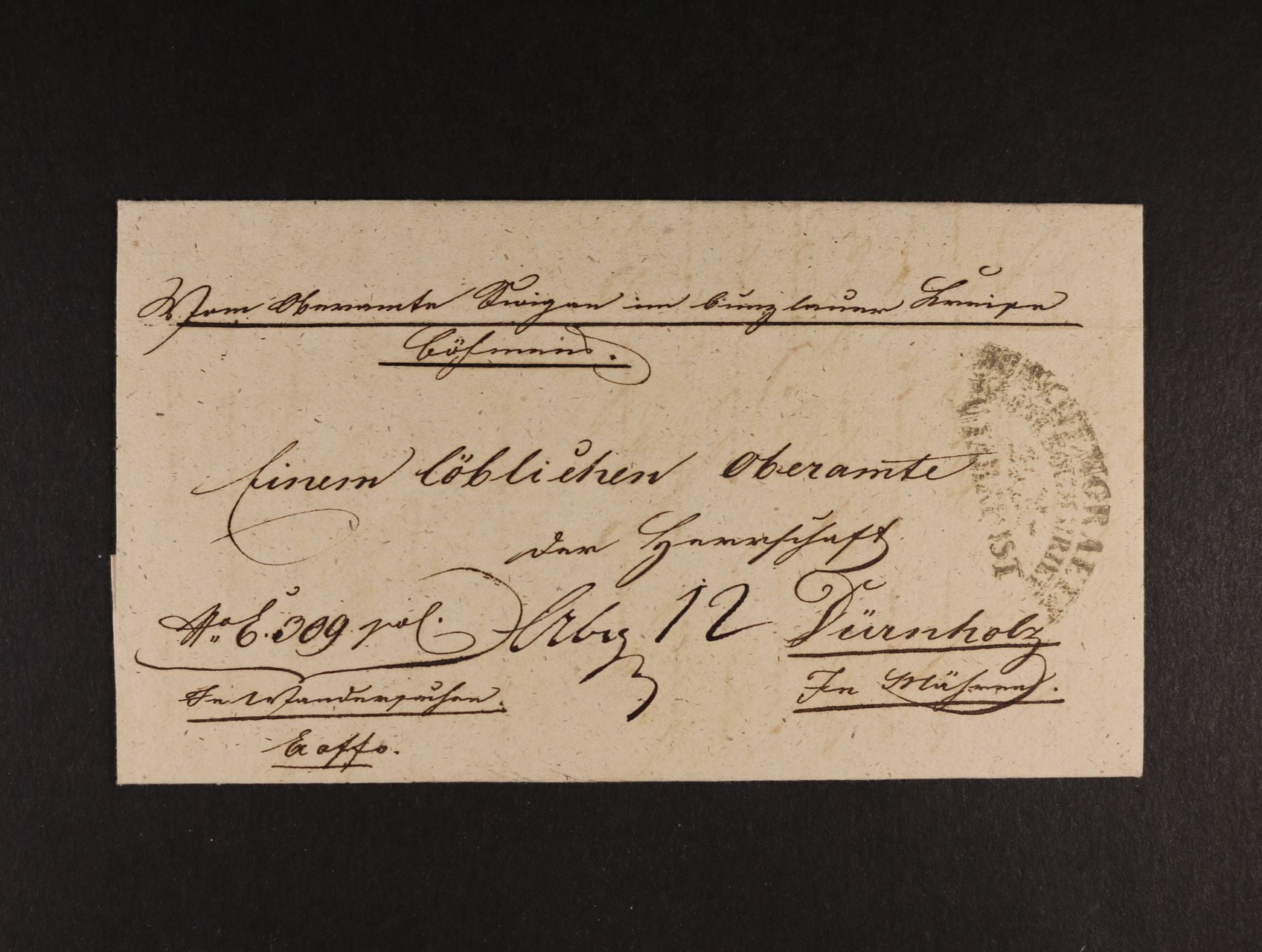 služební skl. dopis z r. 1836 s pod. raz. MÜNCHENGRAETZ K.K.OST BÖHM BRIEFE U FAHRPOST, kat. Müller 240 bodů