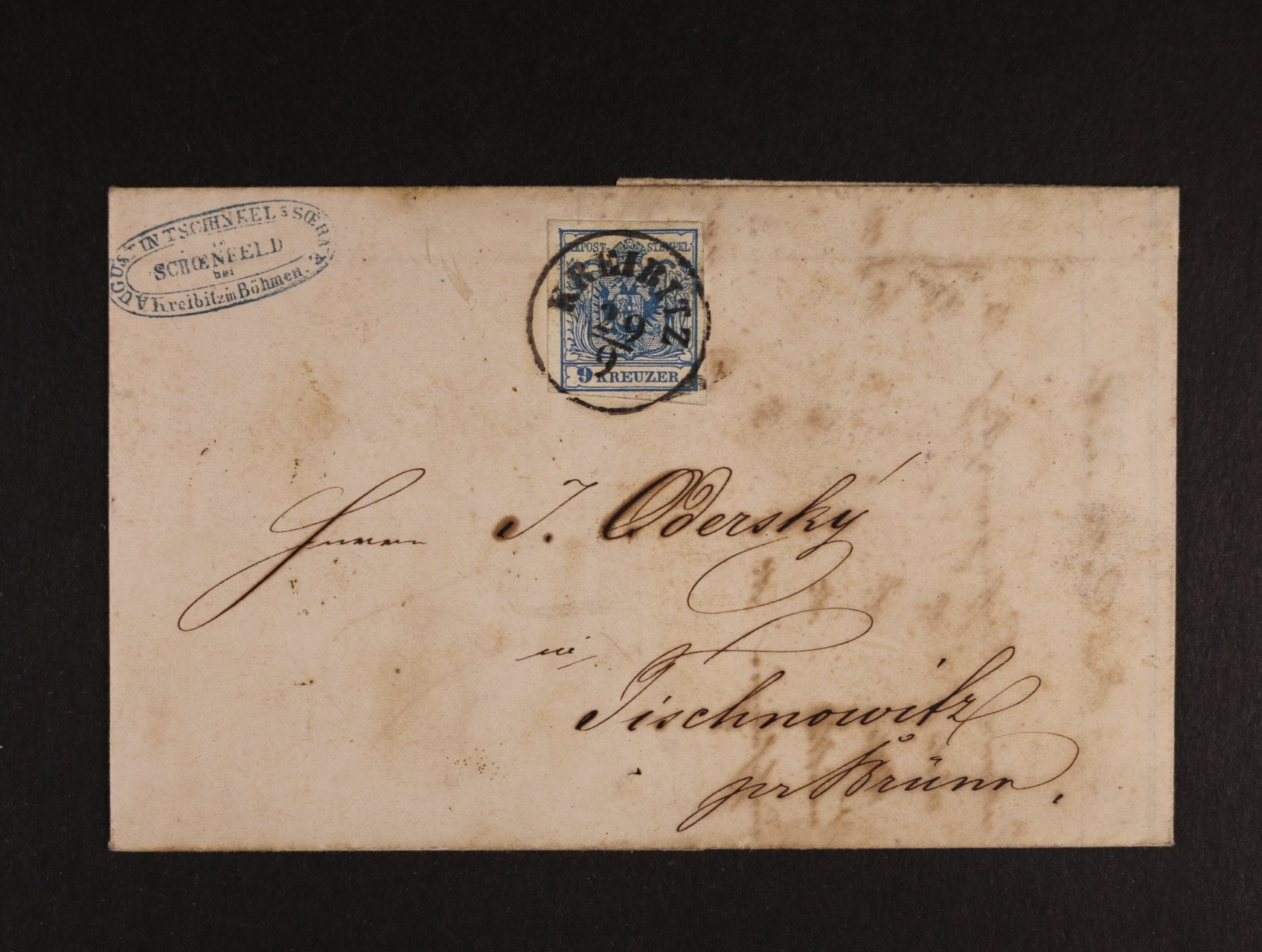 skl. firemní dopis z r. 1855, frank. zn. Fe. č. 5 HP, typ III, s jednokruh. raz. KREIBITZ 29.9., průch. a přích. raz.