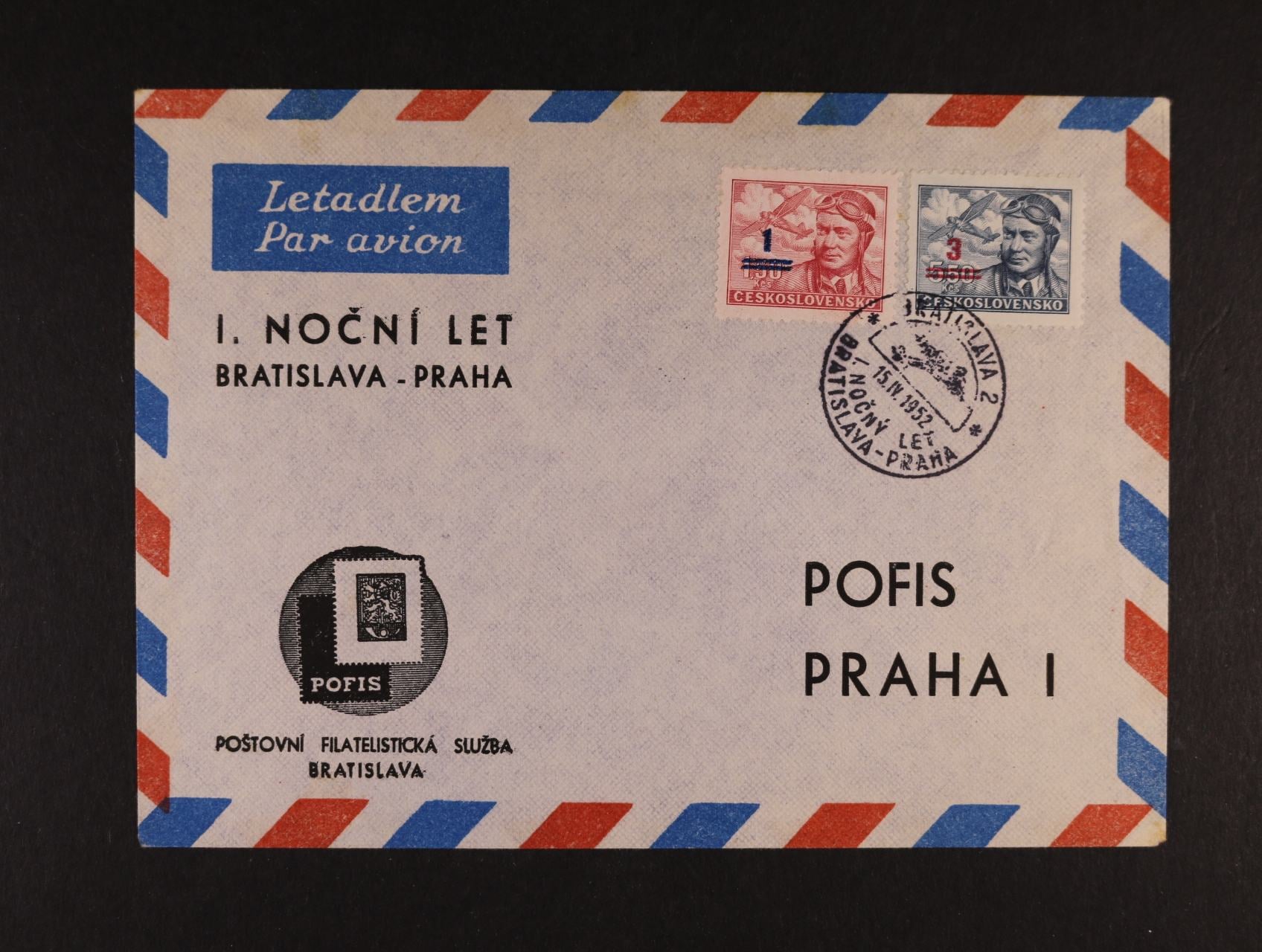 I. noční let Bratislava - Praha, pod. raz. BRATISLAVA 2 15.4.52