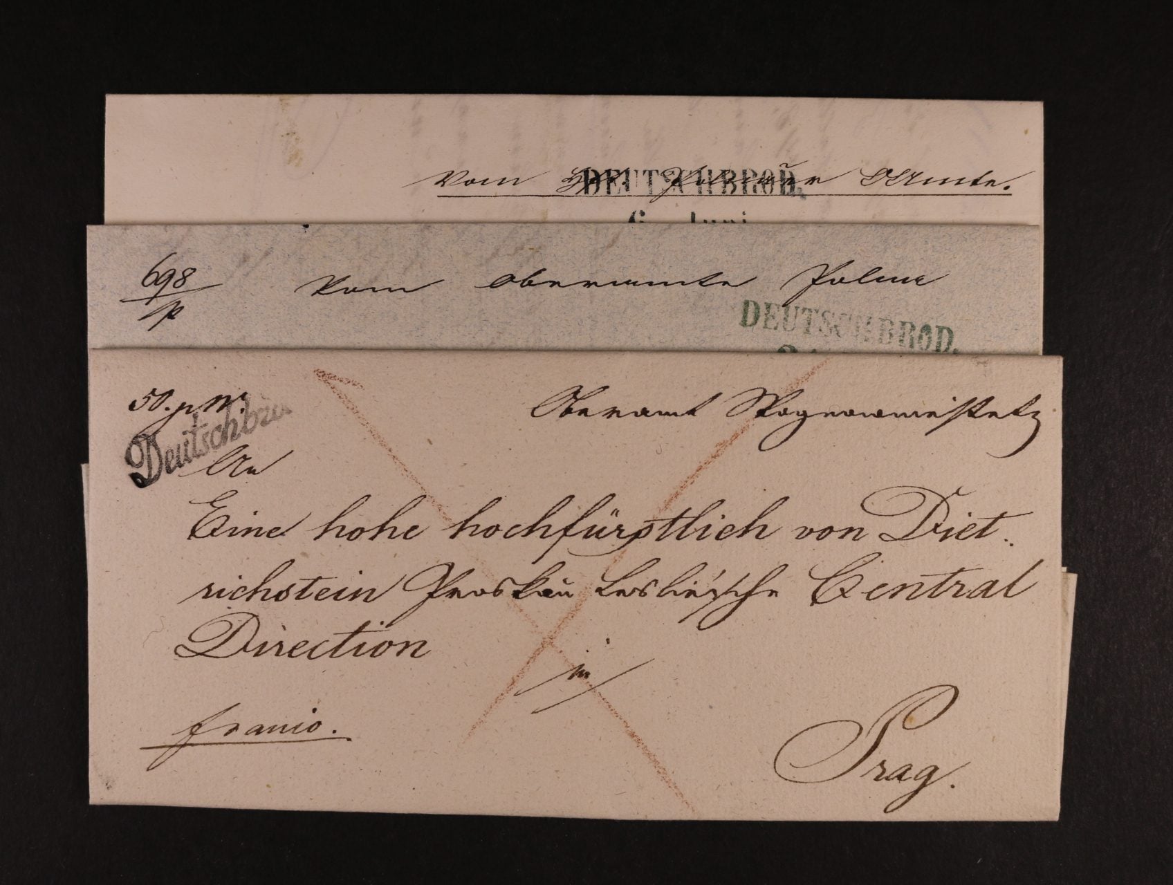 sestava 3 ks skl. dopisů z let 1831 - 46 s různými řádkovými raz. DEUTSCHE BROD v černé, resp. modré barvě, zajímavé