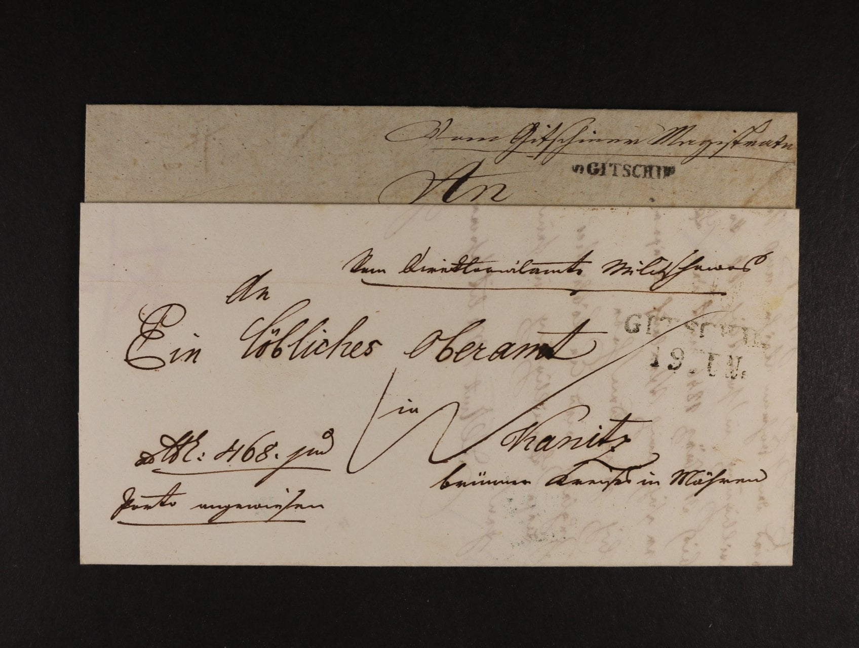 dva skl. dopisy z let 1834 a 1845 s různými řádkovými raz. GITSCHIN