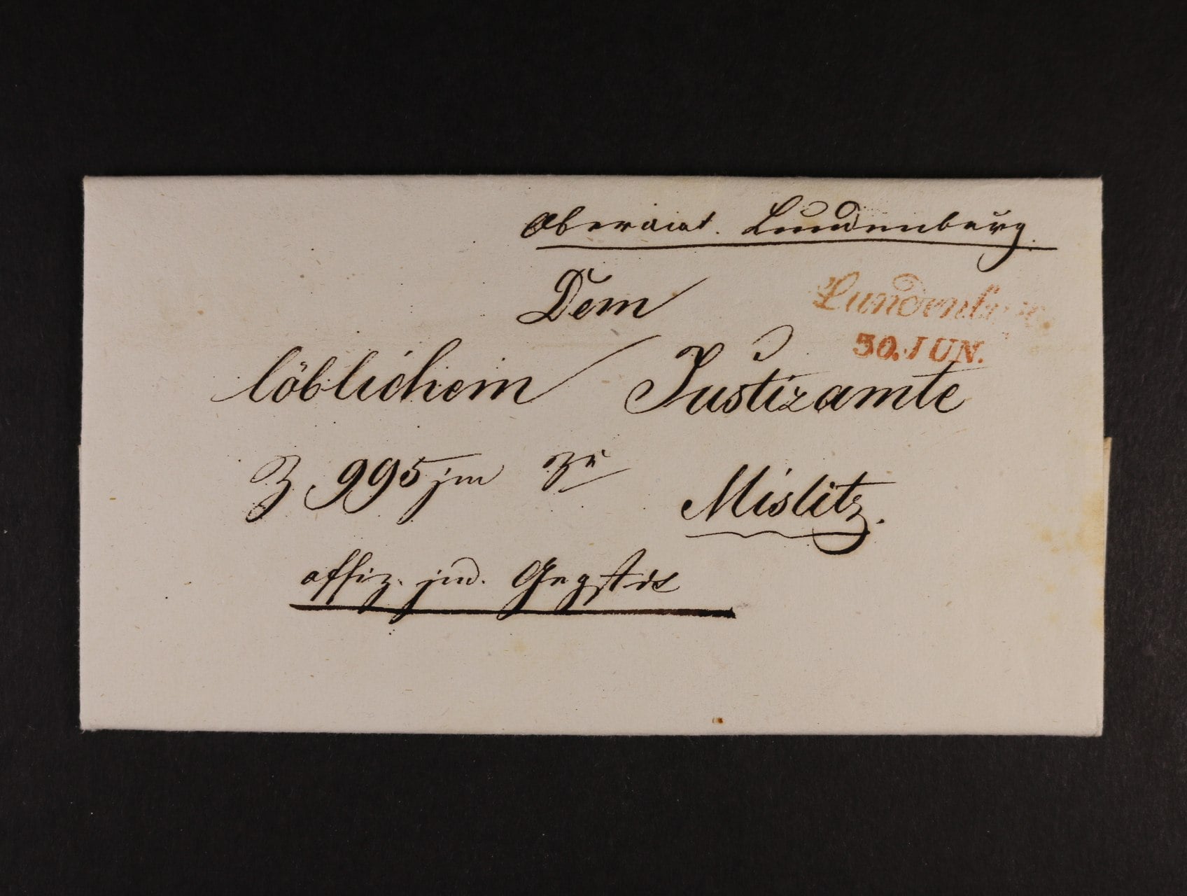 skl. dopis do Miroslavi z r. 1849 s podacím červeným řádkovým raz. LUNDENBURG 30.JUN, přích. raz  MISLITZ