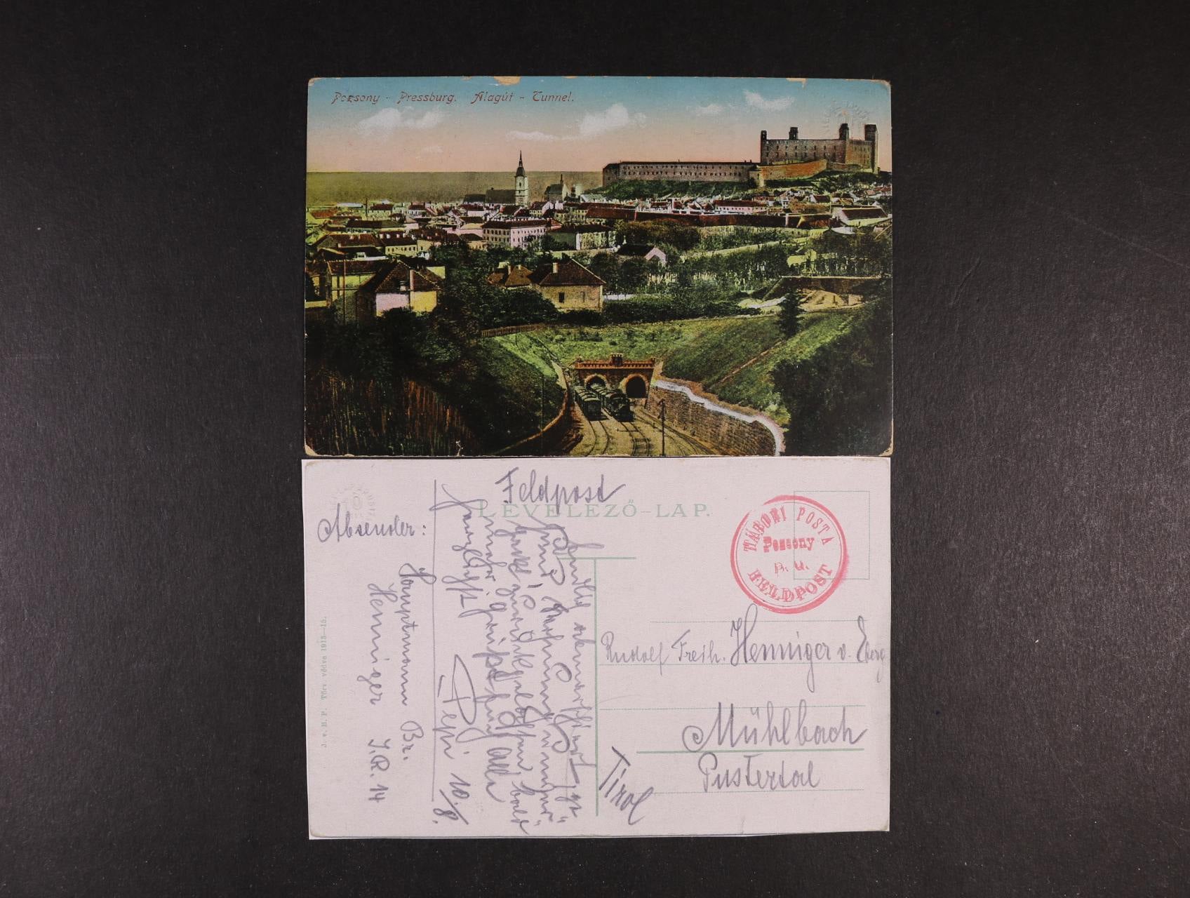 bar. pohlednice Bratislavy přepr. FP s červeným pod. raz. TÁBORY POSTA POZSONY FELDPOST, zajímavé