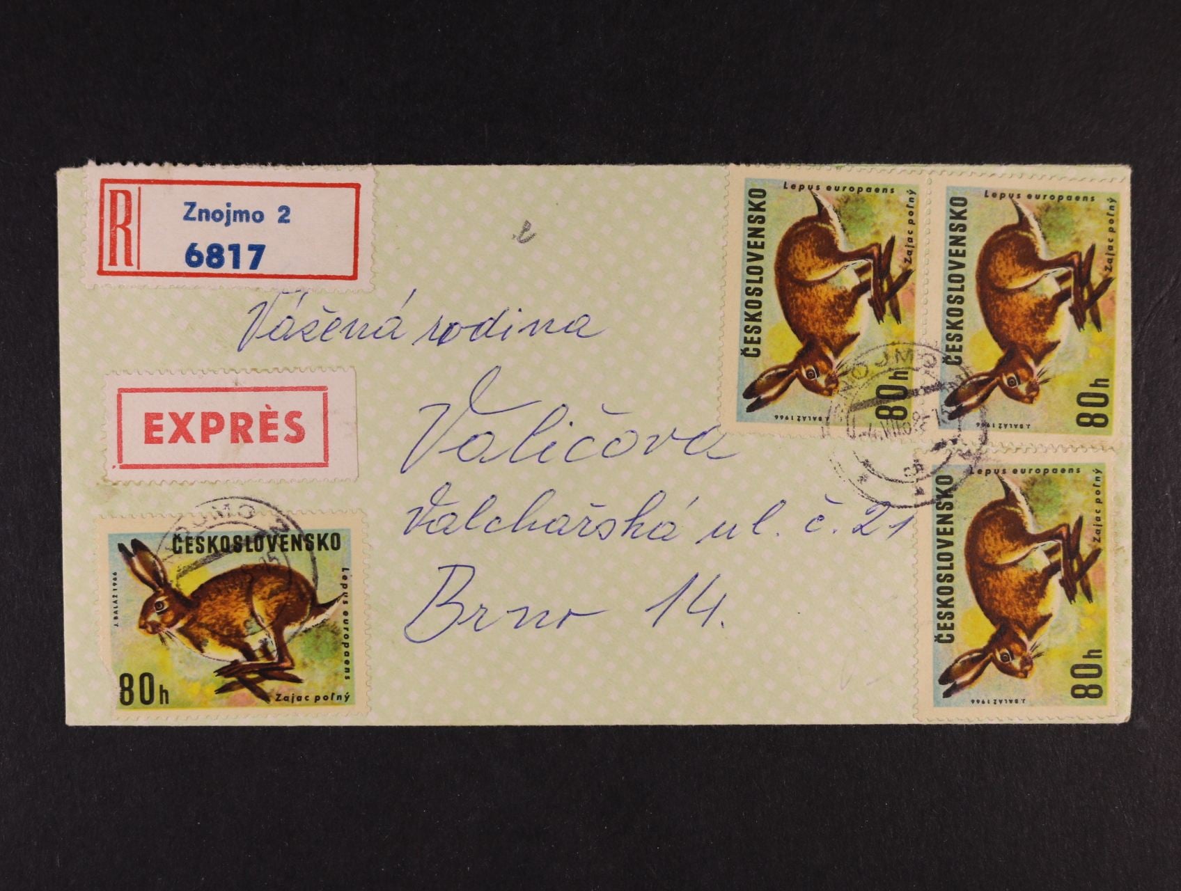 R-EXPRES dopis do Brna frank. zn. č. 1570, typ I (4x), pod. raz. ZNOJMO 4.7.1968, zajímavé