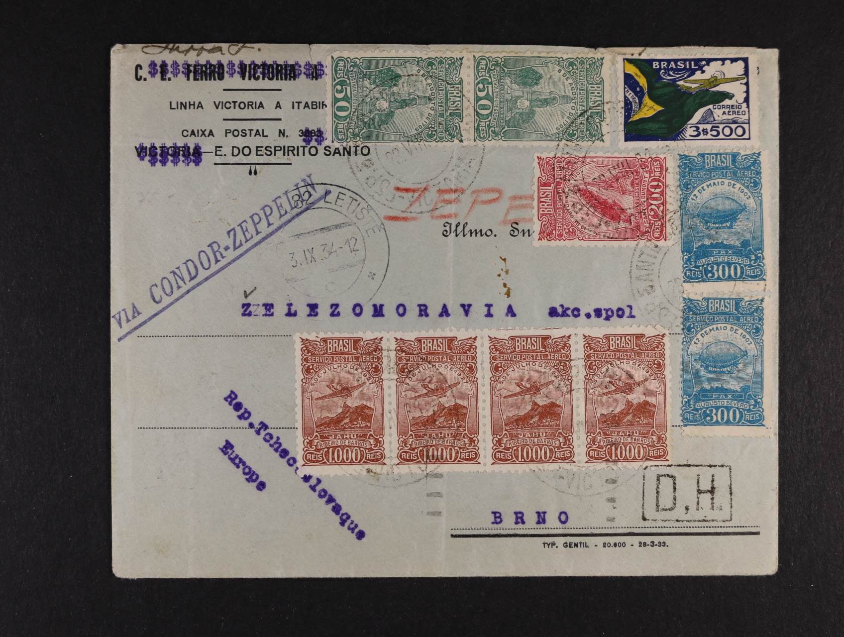 Brazílie - firemní dopis do Brna přepr. zepp. poštou, pod. raz. LINHA VICTORIA 23.8.34, zajímavá vysoká frankatura, příd. řádkové raz. VIA CONDOR - ZEPPELIN, průch. raz. PARIS, přích. raz. PRAHA LETIŠ