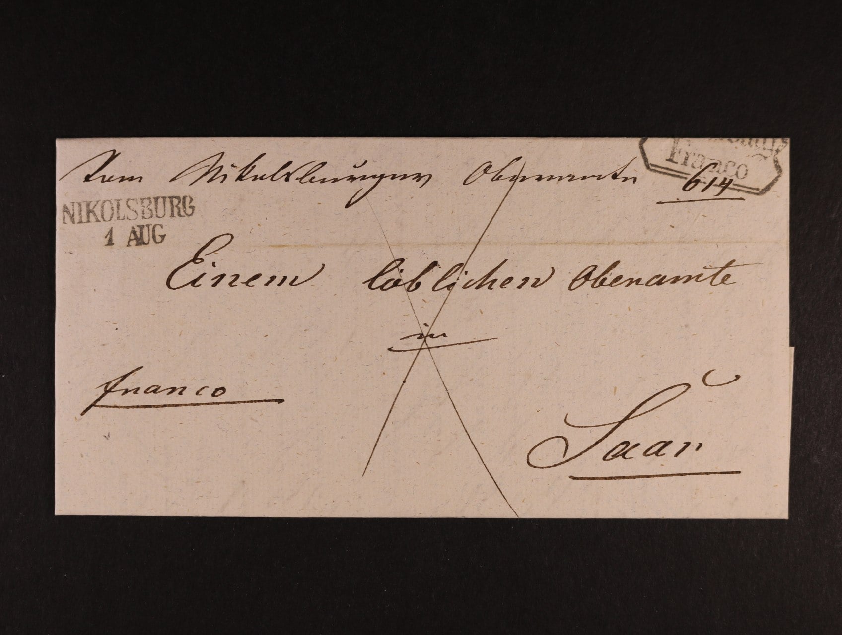 skl. dopis do Žďáru z r. 1844 vč. obsahu, pod. řádkové raz.  NIKOLSBURG 1.AUG. + příd. raz. NILOLSBURG FRANCO