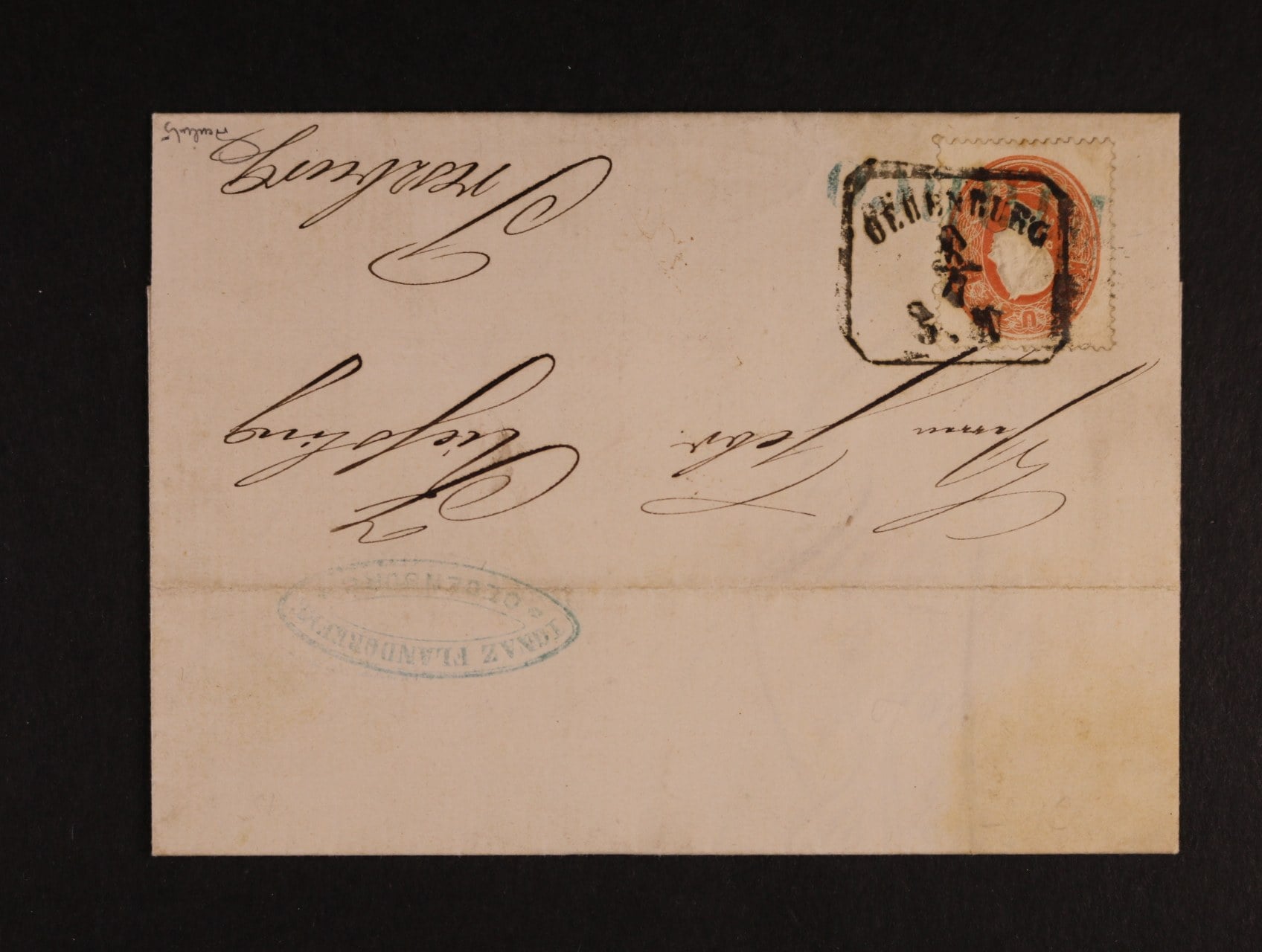 firemní skl. dopis z r. 1862 frank. zn. Fe. č. 20 s rámeč. raz. ODENBURG + řádkové modré raz. Franco přes známku, zajímavé