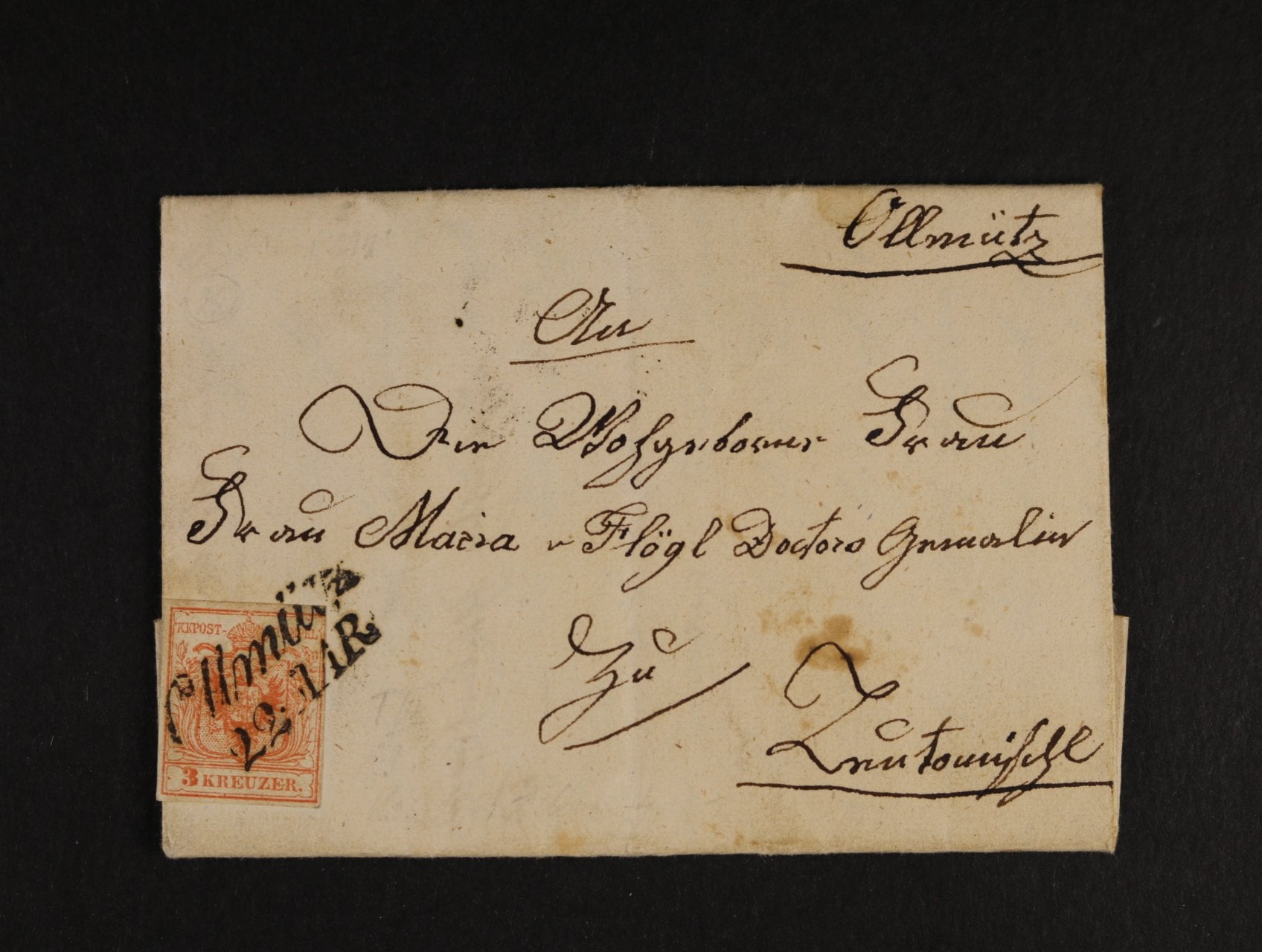 skl. dopis malého formátu do Litomyšle z r. 1853 frank. zn. Fe. č. 3, typ II s řádkovým raz. Olmütz 22.MAR, průch. a přích. raz. velmi dobrá kvalita
