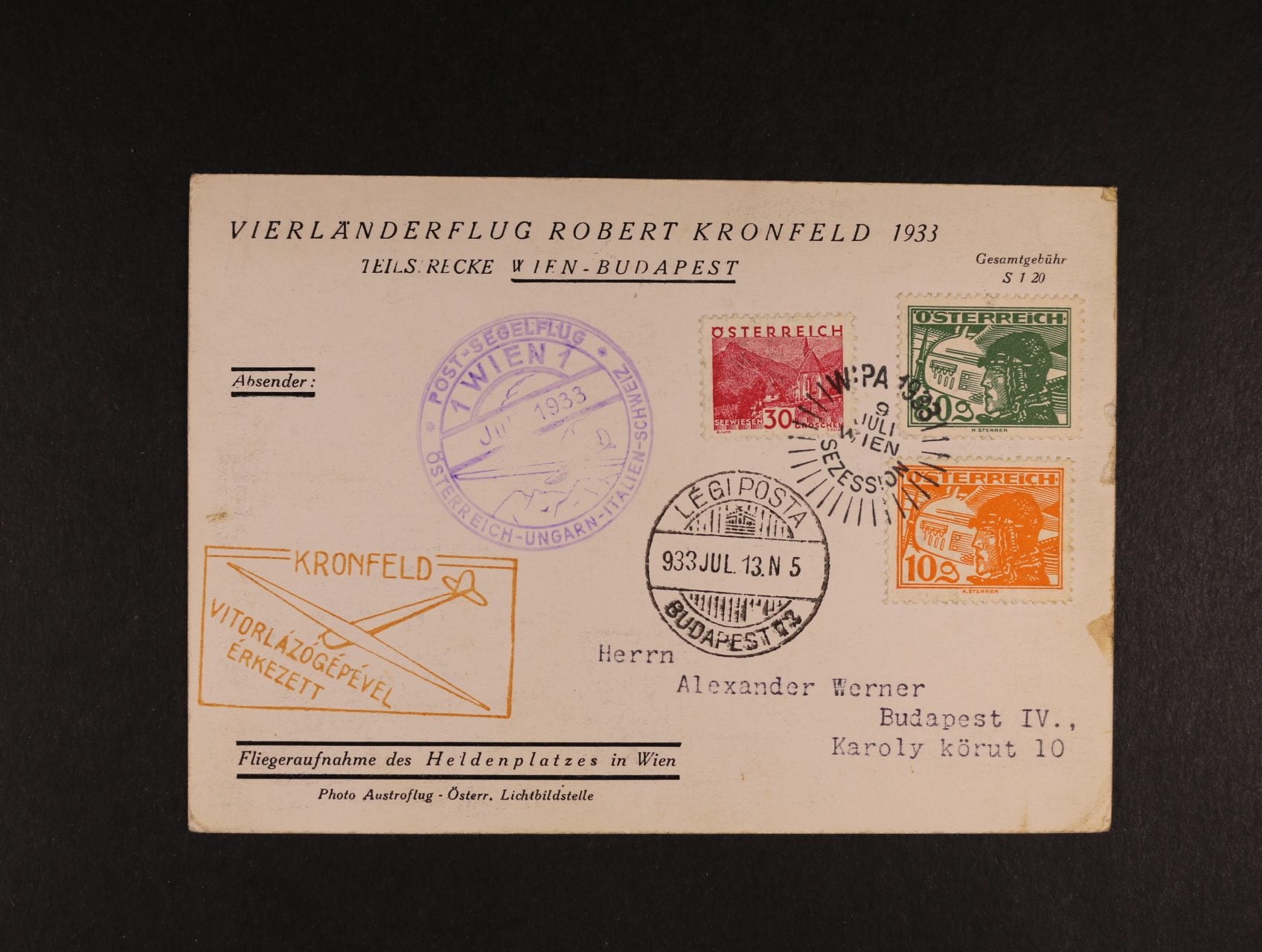 fotopohlednice pro let větroněm Wien - Budapest s pod. výstavním raz. WIPA 1933 9.JULI WIEN - přídavný fialový kulatý a rámeč. hnědý let. kašet