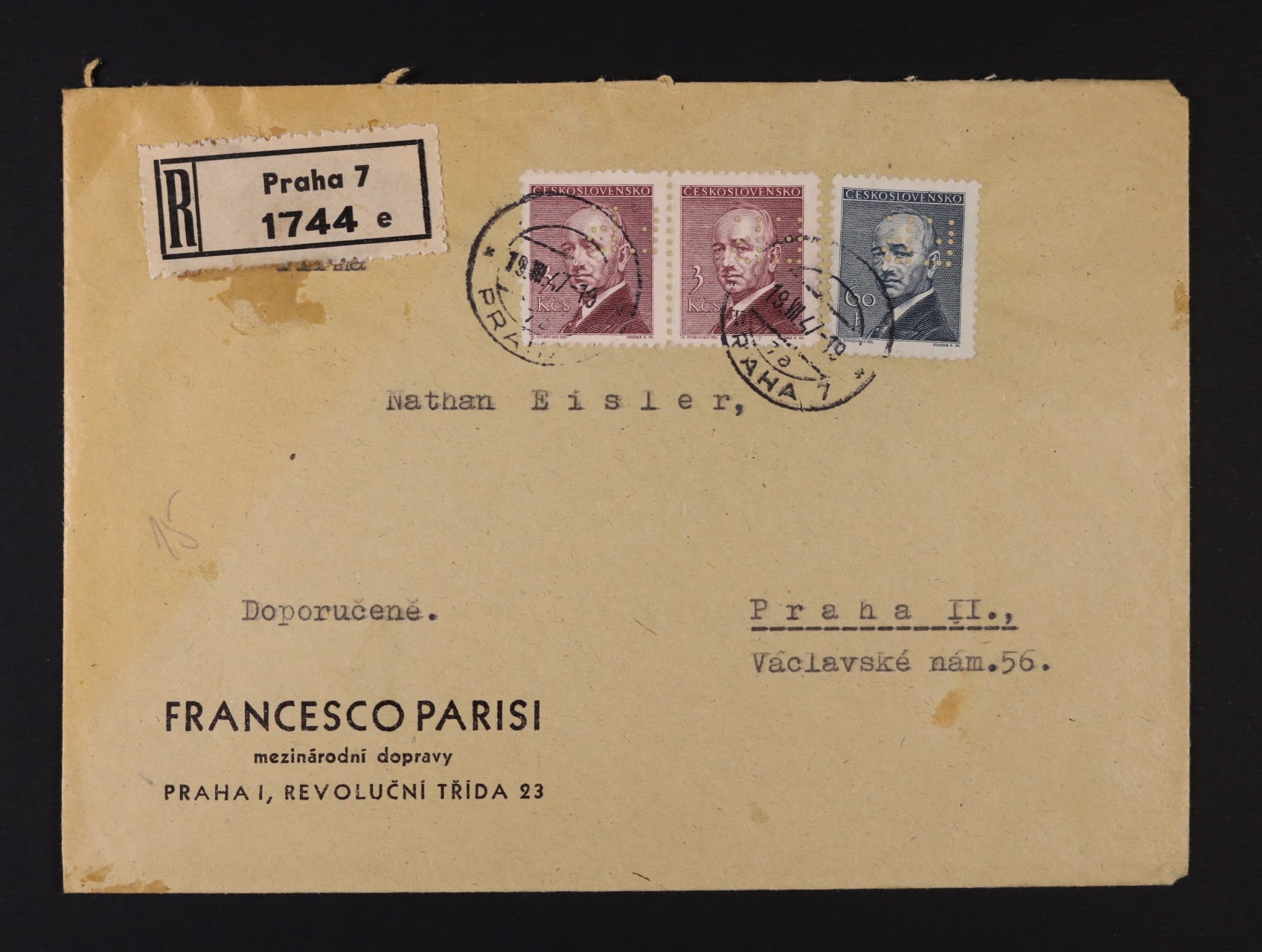 Perfiny ČSR II - firemní R-dopis v místě frank. zn. č. 443, 445 (2x) s identifik. perfinem F.S.