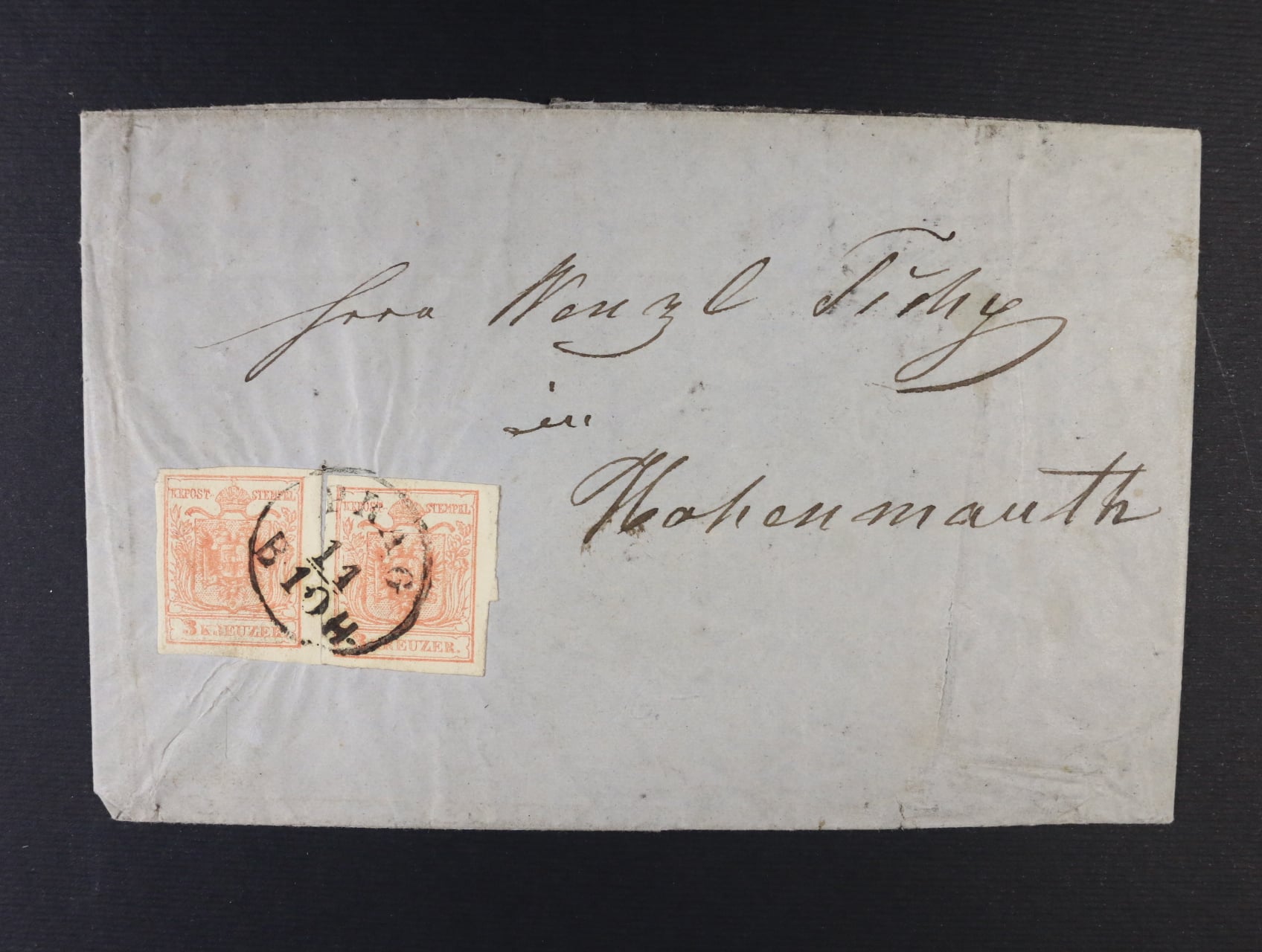 skl. dopis z r. 1857 frank. zn. Fe. č. 3 HP, typ IIIb, pod. nádražní raz. PRAG BH 11.10., přích. raz.