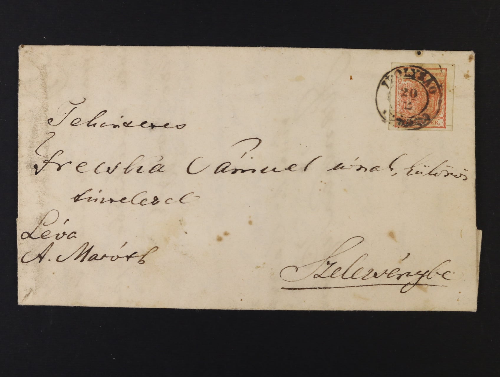 skl. dopis z r. 1854 frank. zn. Fe. č. 3 HP, typ III, pod. raz. IPOLYSAG 20.2. (SAHY), průch. a přích. raz.