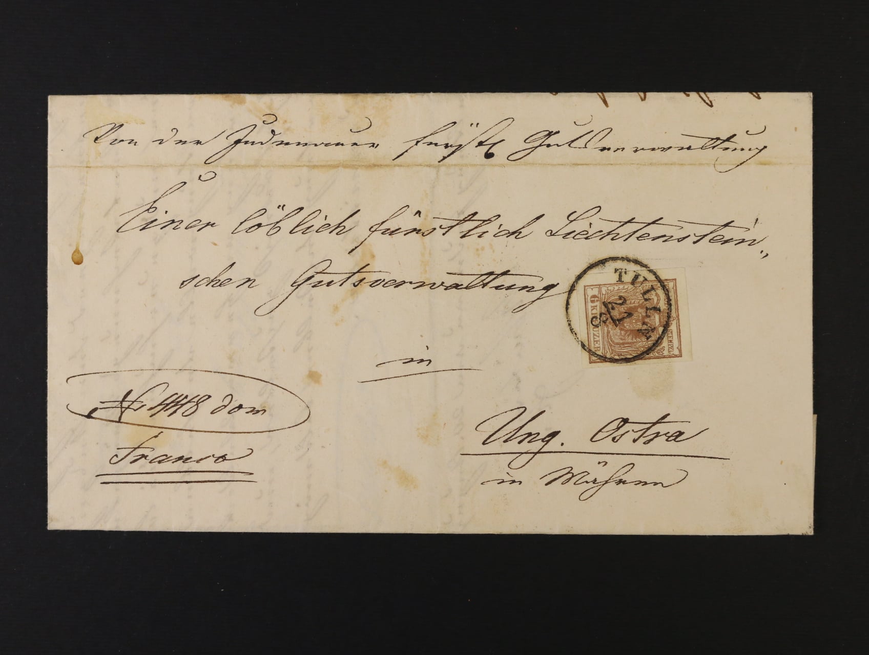 skl. dopis z r. 1852 frank. zn. Fe. č. 4, lux. střih, pod. raz. TULLN 21.8.