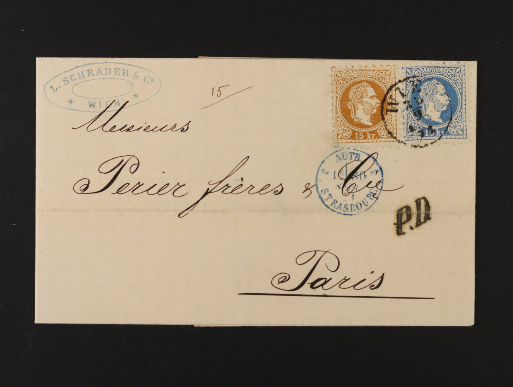 skl. firemní dopis do Paříže z r. 1871 frank. zn. Fe. č. 38 I, 39 I, pod. raz. WIEN 28.9.71