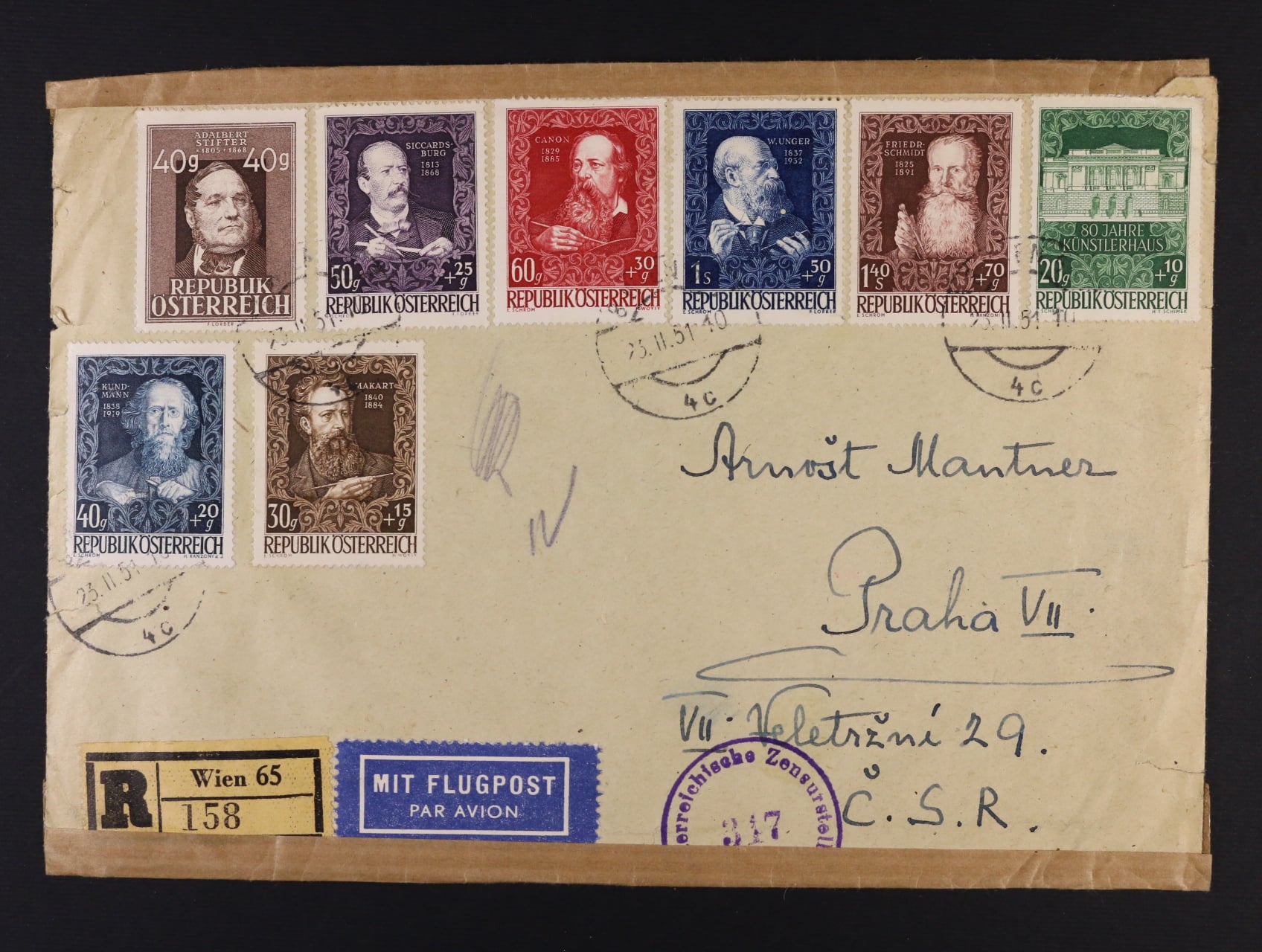 R-let. dopis frank. zn. Mi. č. 856, 878-84, pod. raz, WIEN 23.2.51
