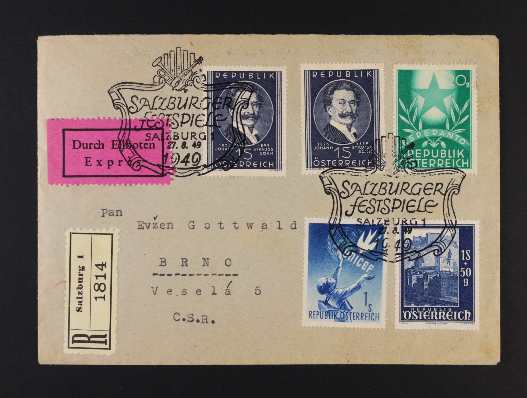 R dopis do Brna se zn. č. 891, 933, 2x 934, 935 a pam. raz. SALZBURGER FESTSPILLE 1949