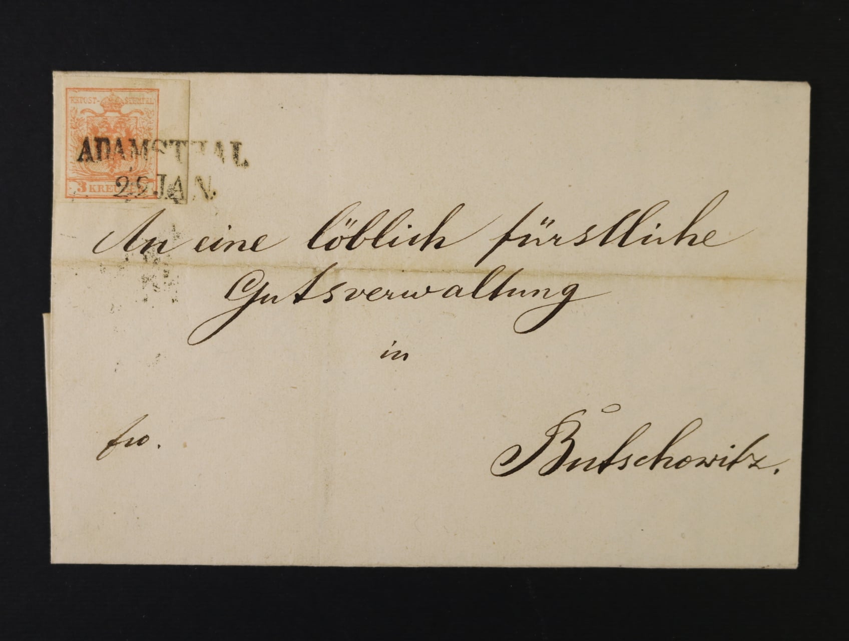 skl. dopis do Bučovic z r. 1857 frank. zn. Fe. č. 3 b s pravým okrajem 6 mm, pod. řádkové raz. ADAMSTHAL 22.JAN., průch. a přích. raz., dobrá kvalita