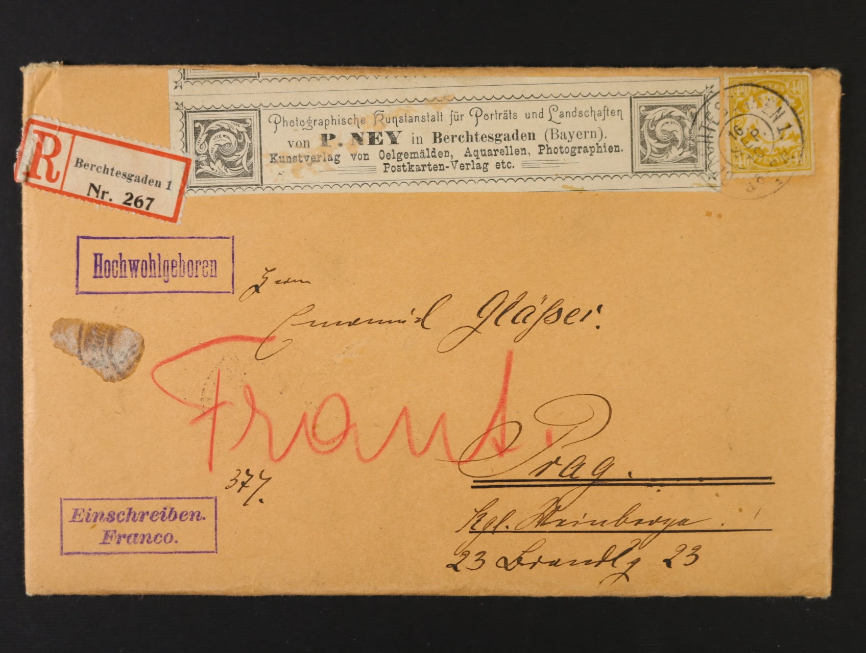 Bavorsko - R-dopis do Prahy frank. zn. Mi. č. 67, pod. raz. BERCHTESGADEN 1 16.SEP.1910 + přích. raz., dekorativní, zajímavé