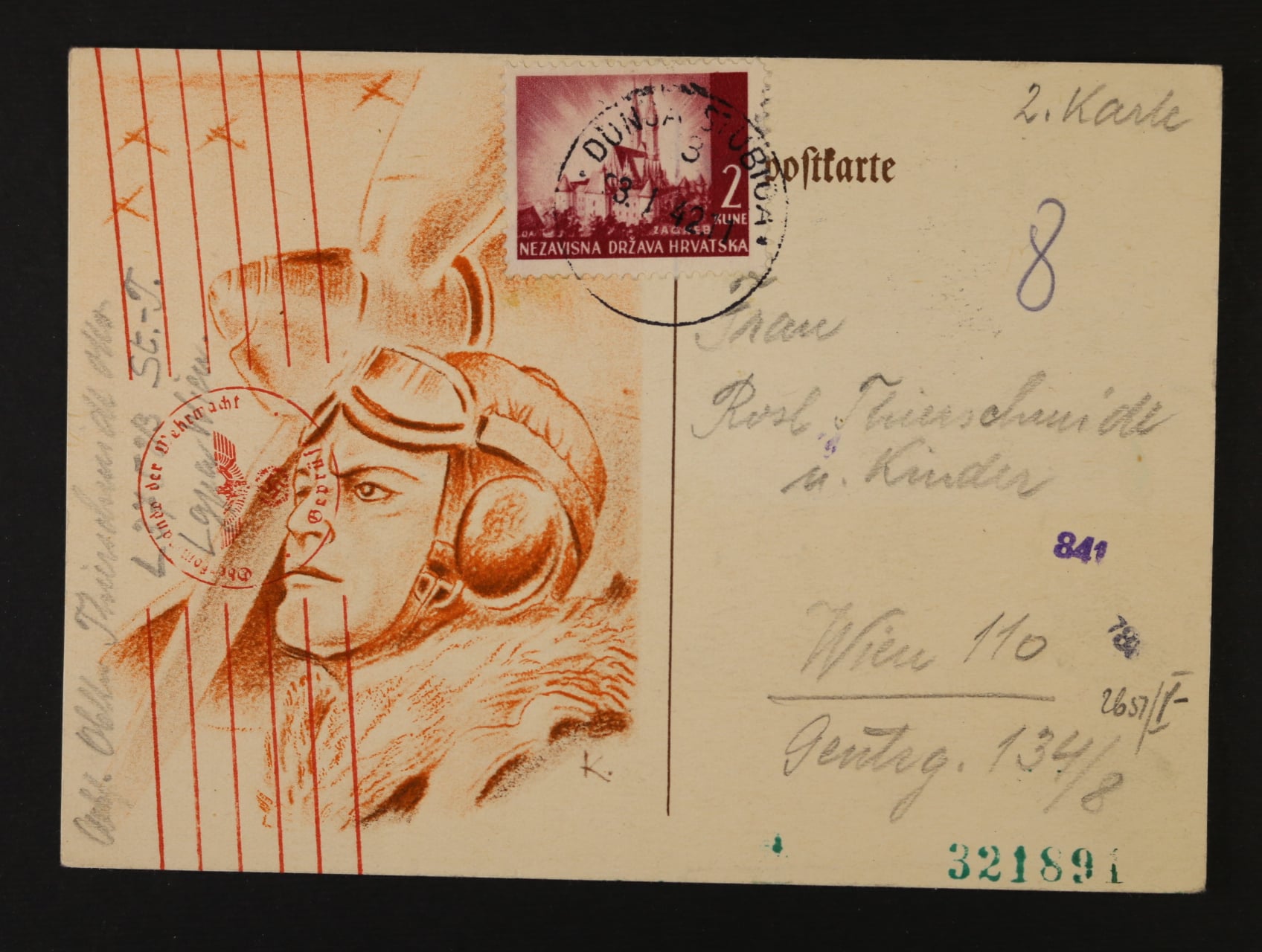 Reklamní KL FP do Vídně, frank. zn. 2K, pod. raz. DUNJA STUBICA 3.1.42 + cenzurní raz.