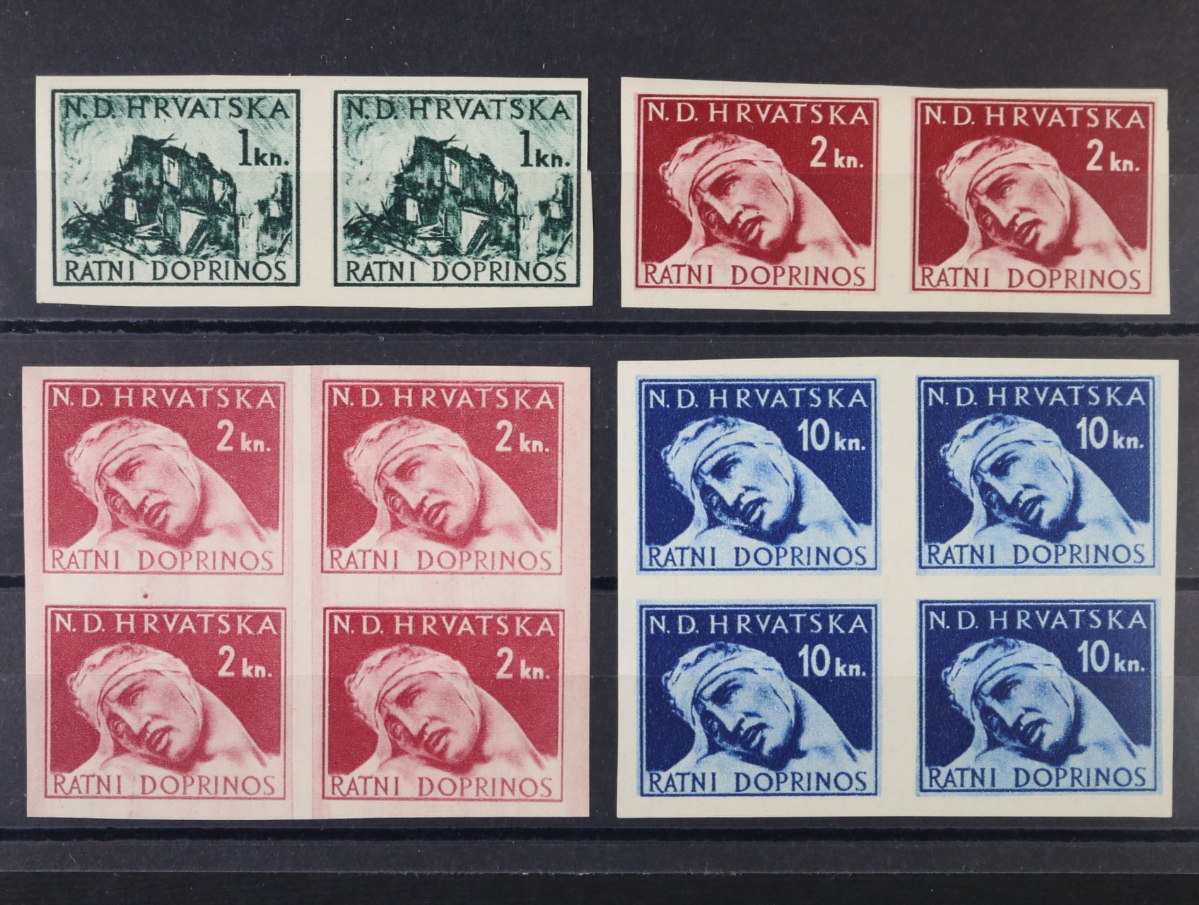 Příplatkové zn. 1944 Mi. č. 3 U ve dvoupásce, 4 U ve dvoupásce a čtyřbloku, 6 U ve čtyřbloku