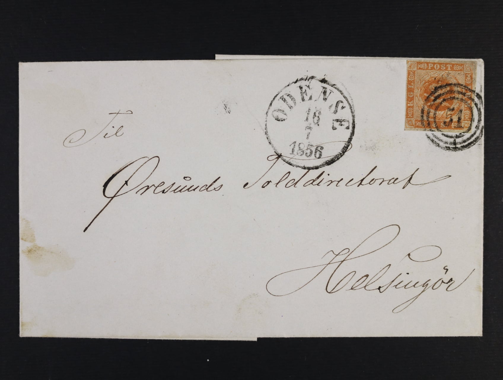 Skl. dopis z r. 1856 frank. zn. Mi. č. 4 s čís. pod. raz. 51 + denní raz. ODENSE 16.7.1856, dobrá kvalita