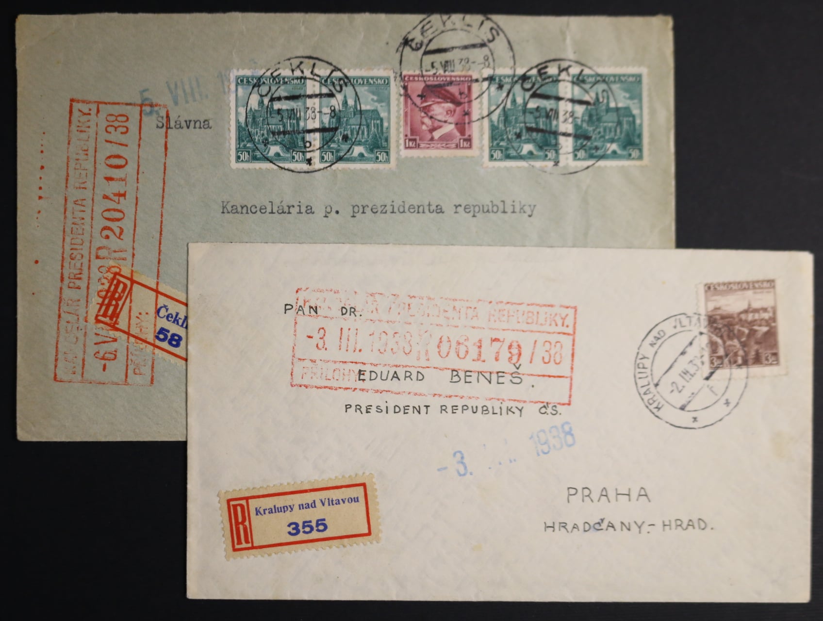 dva R-dopisy z r. 1938 na prezidenta rep. E. Beneše s raz. KRALUPY NAD VLTAVOU, resp. ČEKLÍS, přích. presenční raz.