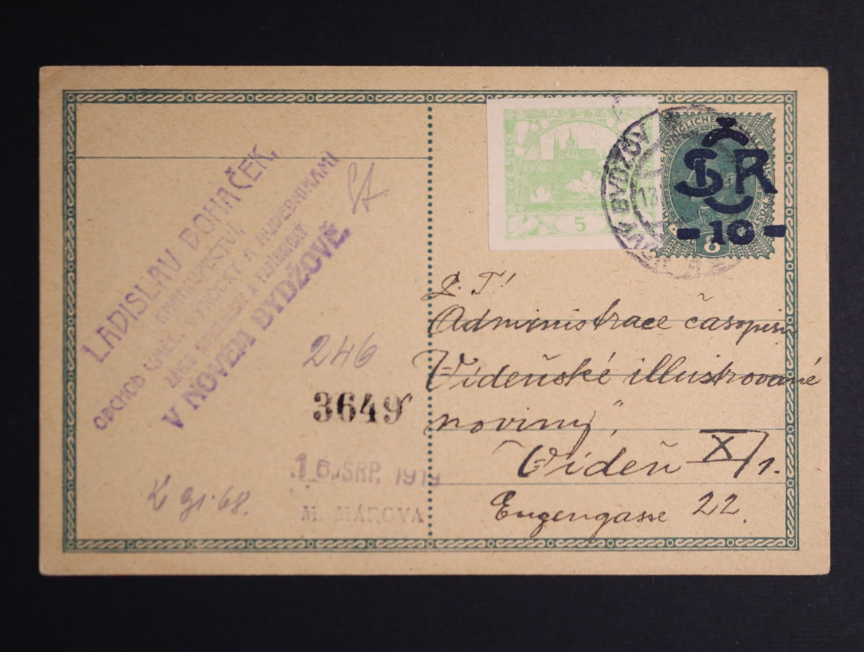CDV č. 1b modrý přetisk, dofrank. zn. č. 3, pod. raz. NOVÝ BYDŽOV 13.8.19